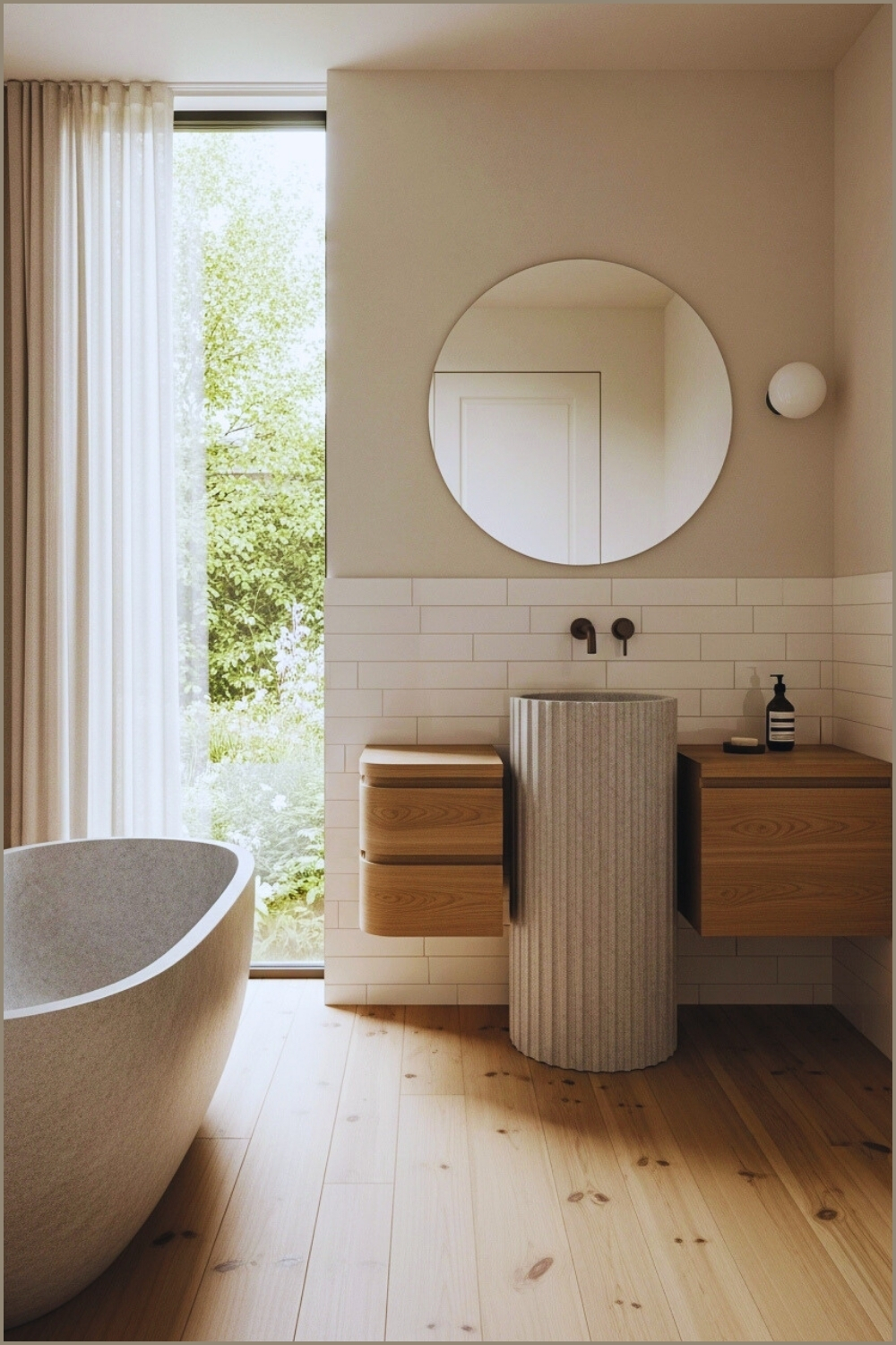 Soft Minimalist Bathroom With Natural Wooden