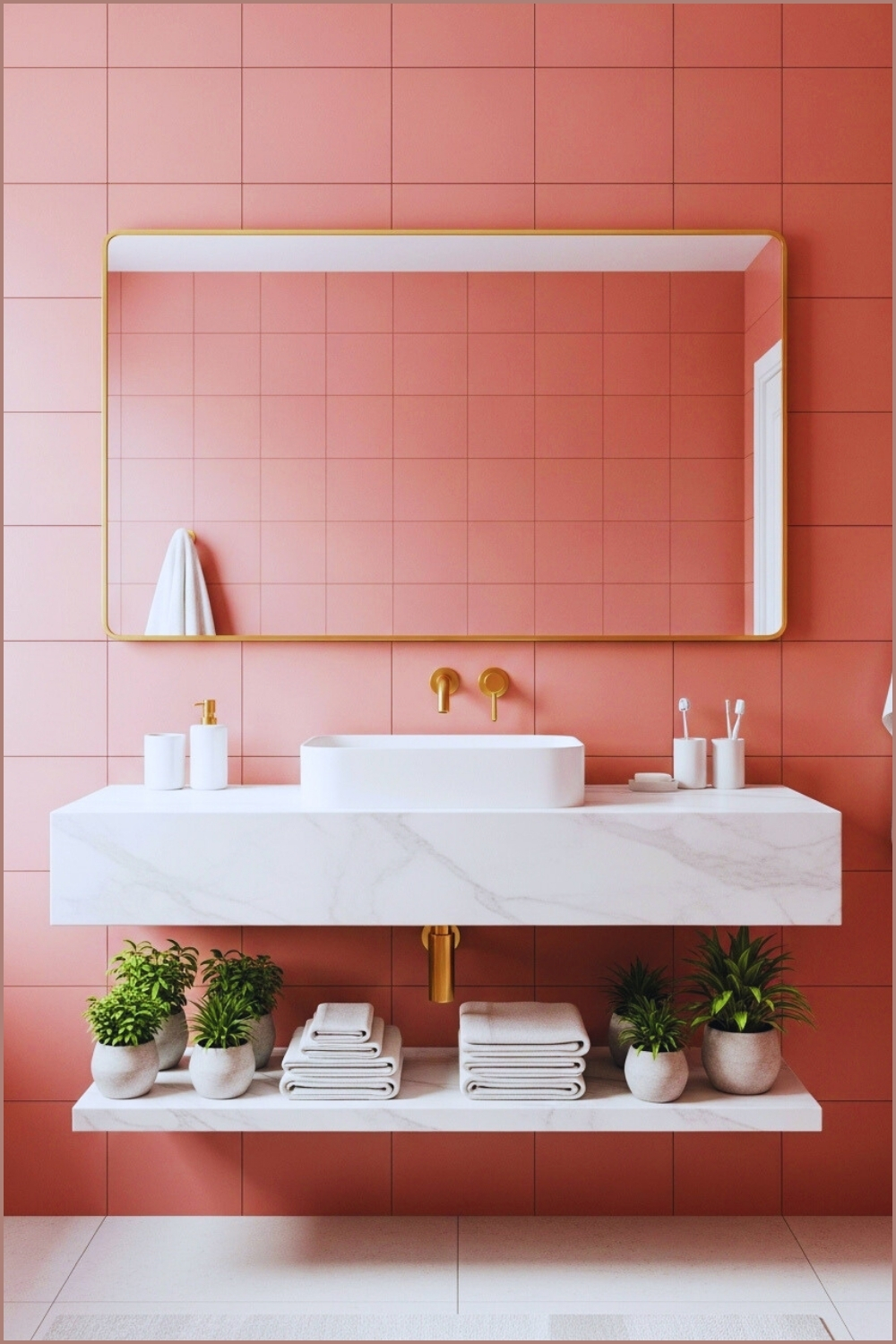 Soft Modern Pink Bathroom With Matte Rose-pink Tile Walls, Floating
