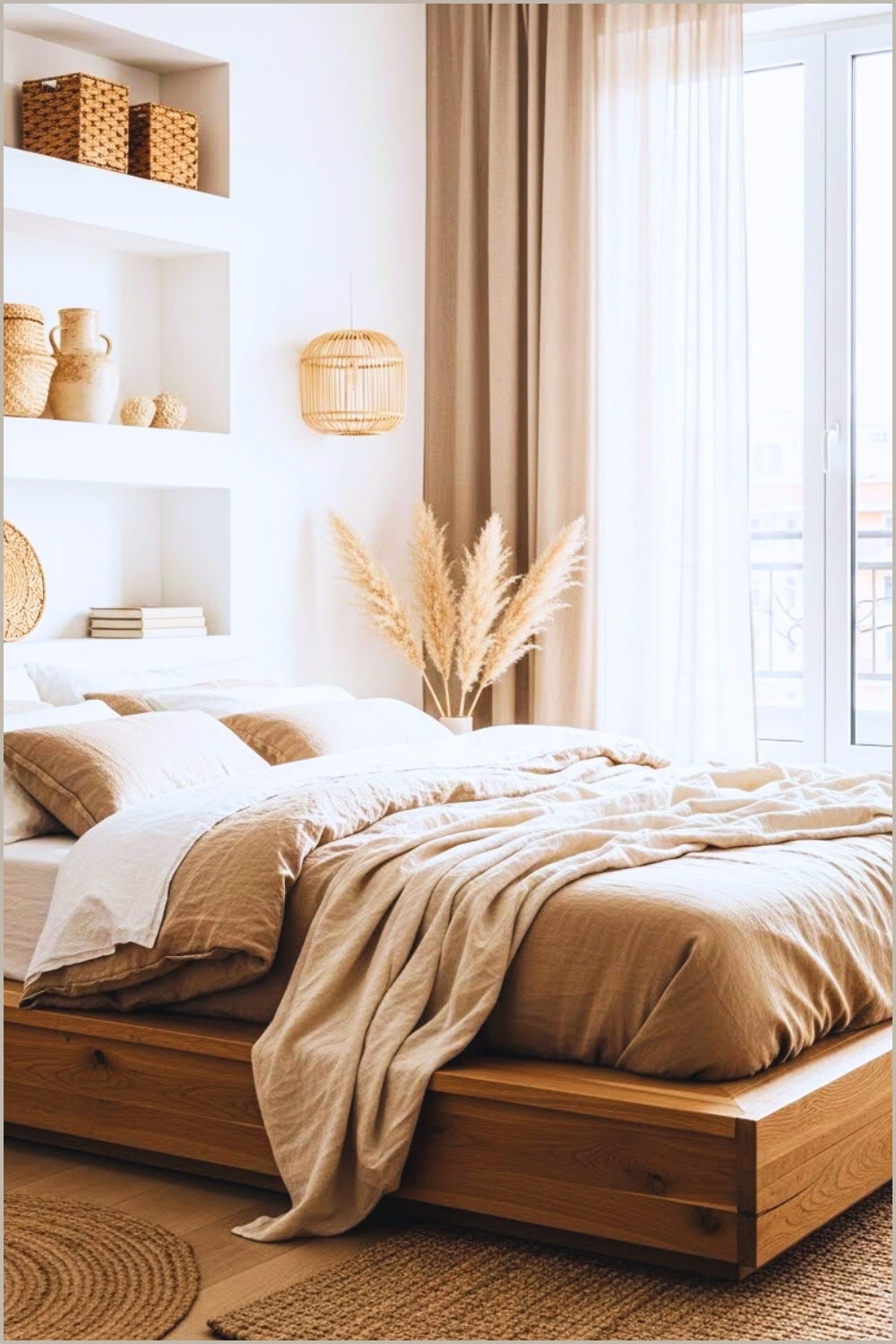 Soft Neutral Bohemian Bedroom Interior Low Wooden