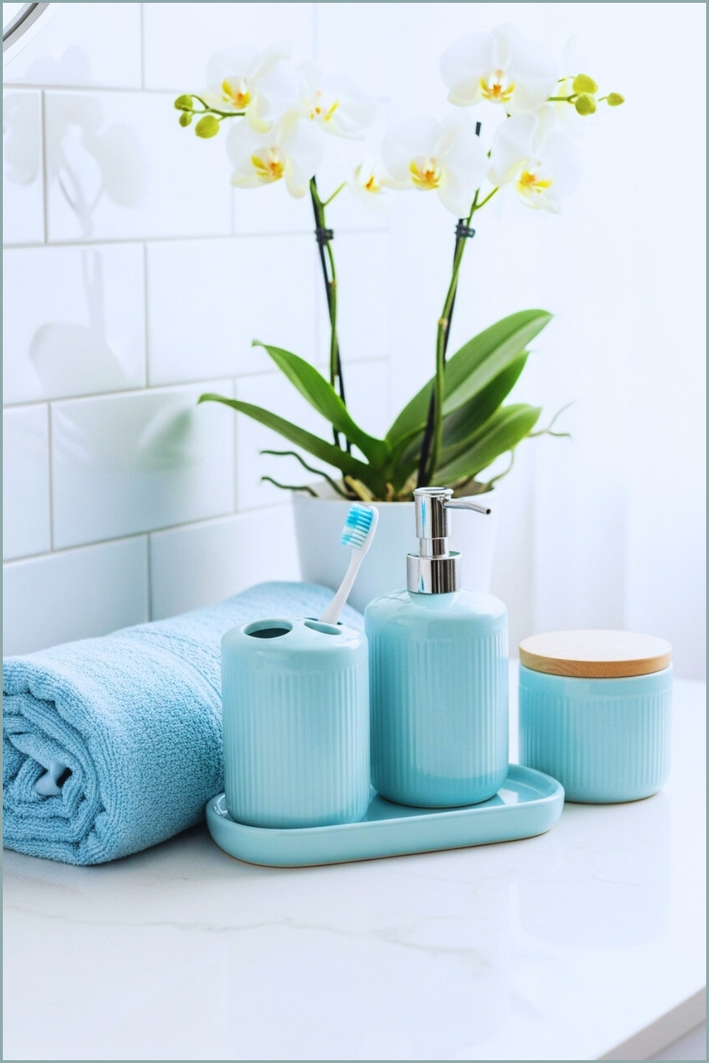 Soft Pastel Bathroom Countertop Styling, Matching Light-blue Ceramic