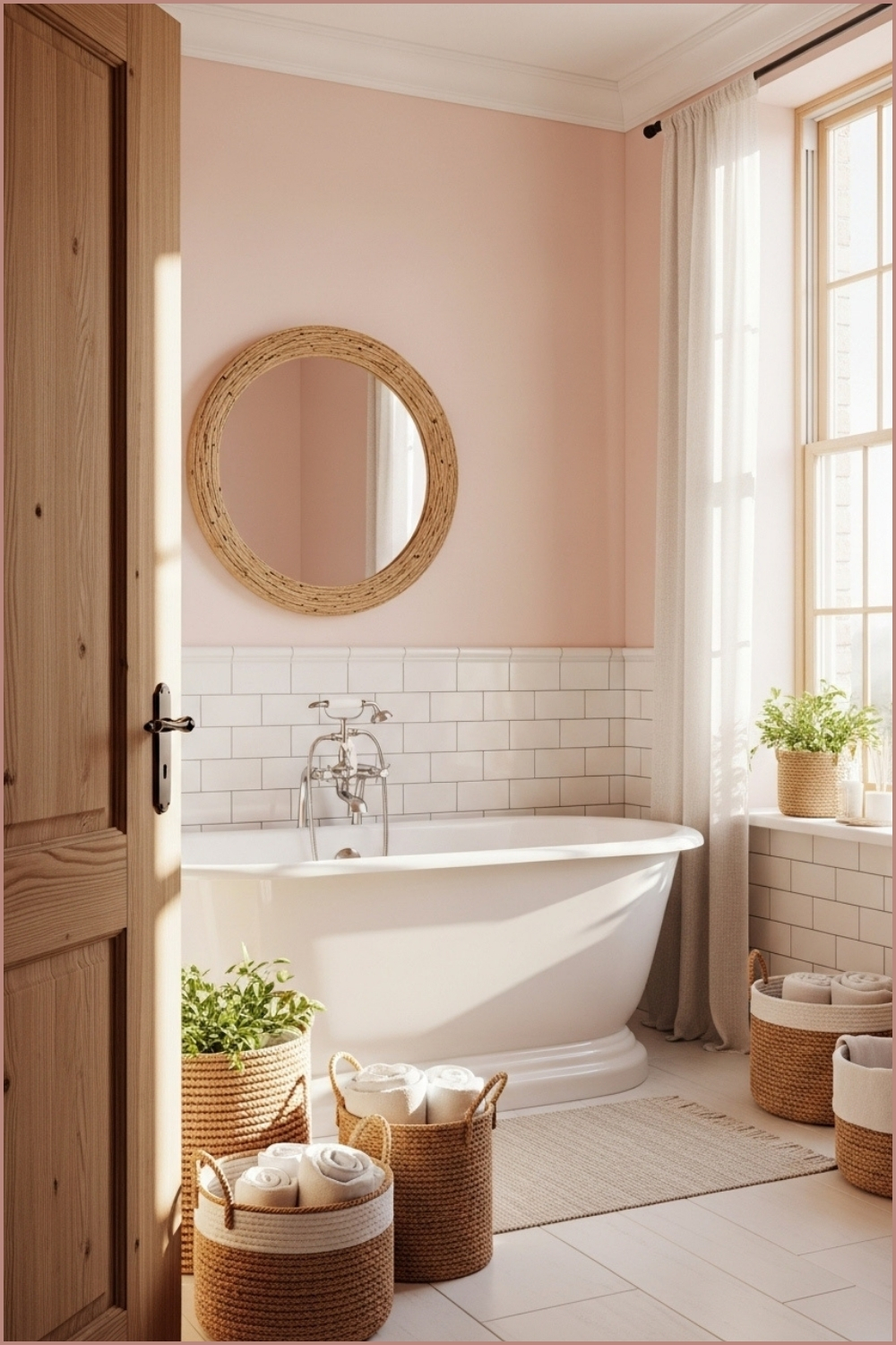 Soft Pastel Pink Bathroom With Natural Wood Accents Freestanding Pedestal Tub