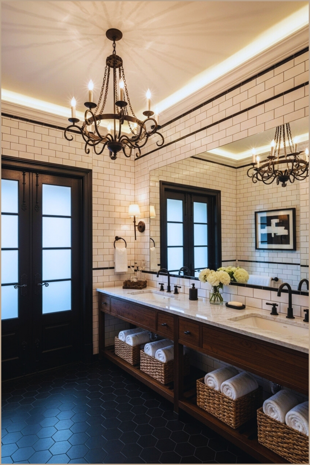 Sophisticated Bathroom With Black Double Doors, Subway Tile White Walls