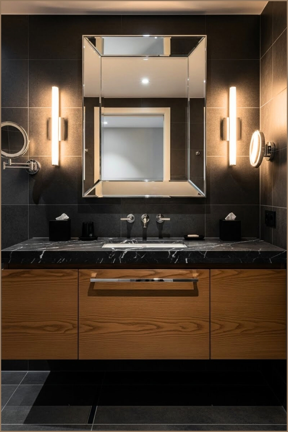 Sophisticated Bathroom With Matte Black Marble Countertop