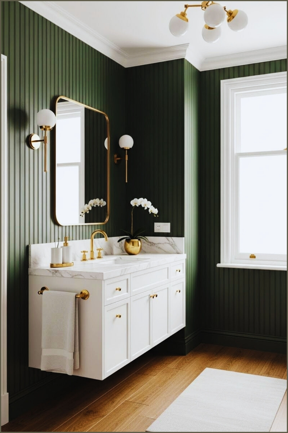 Sophisticated Bathroom With Rich Dark Green Vertical Panel Walls