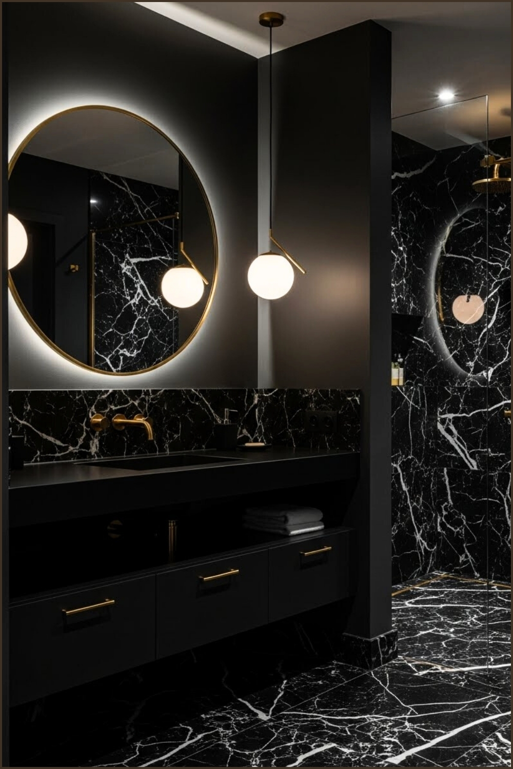 Sophisticated Black Marble Bathroom, White Veining
