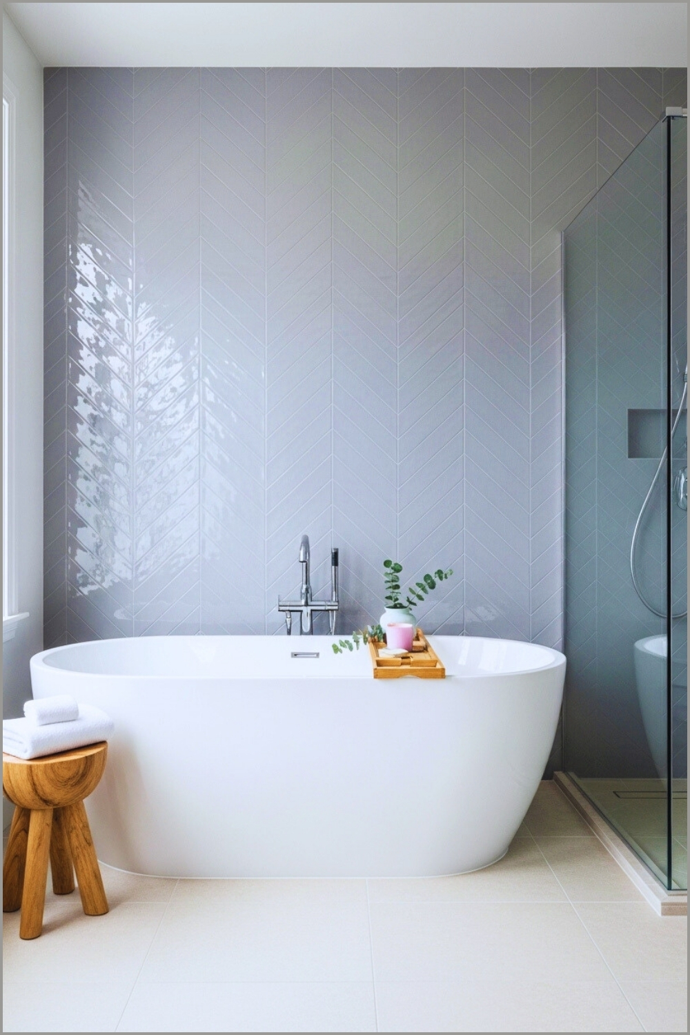 Spa-like Bathroom With Glossy Grey Herringbone Tile Wall