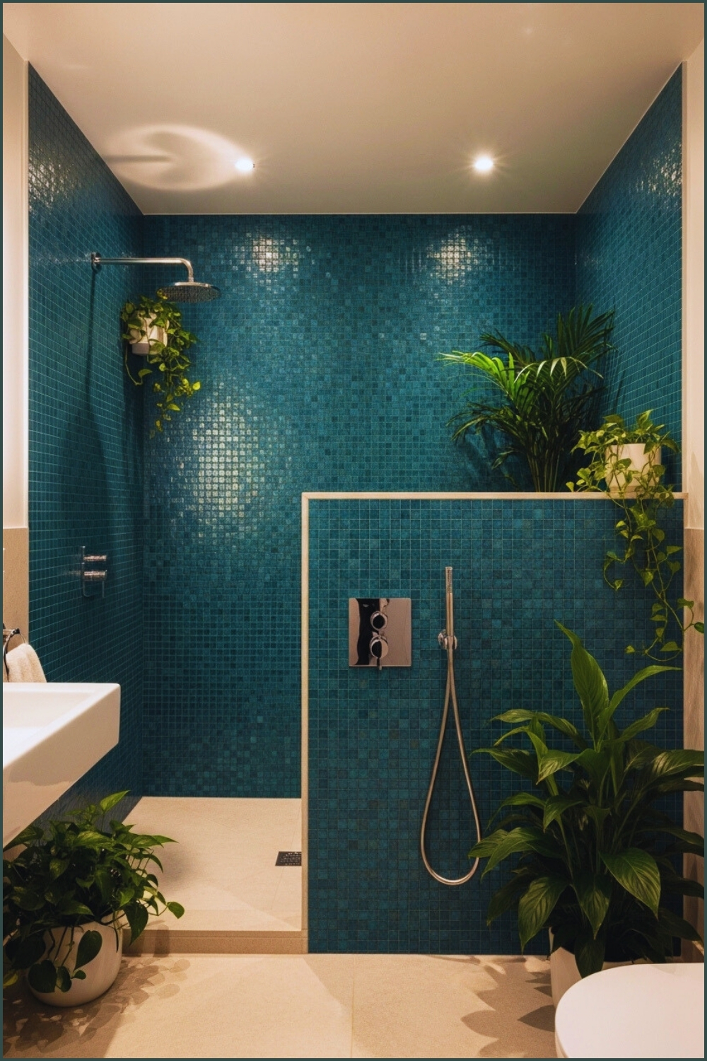 Spa-style Bathroom With Deep Teal Mosaic Tiles, Walk-in Shower