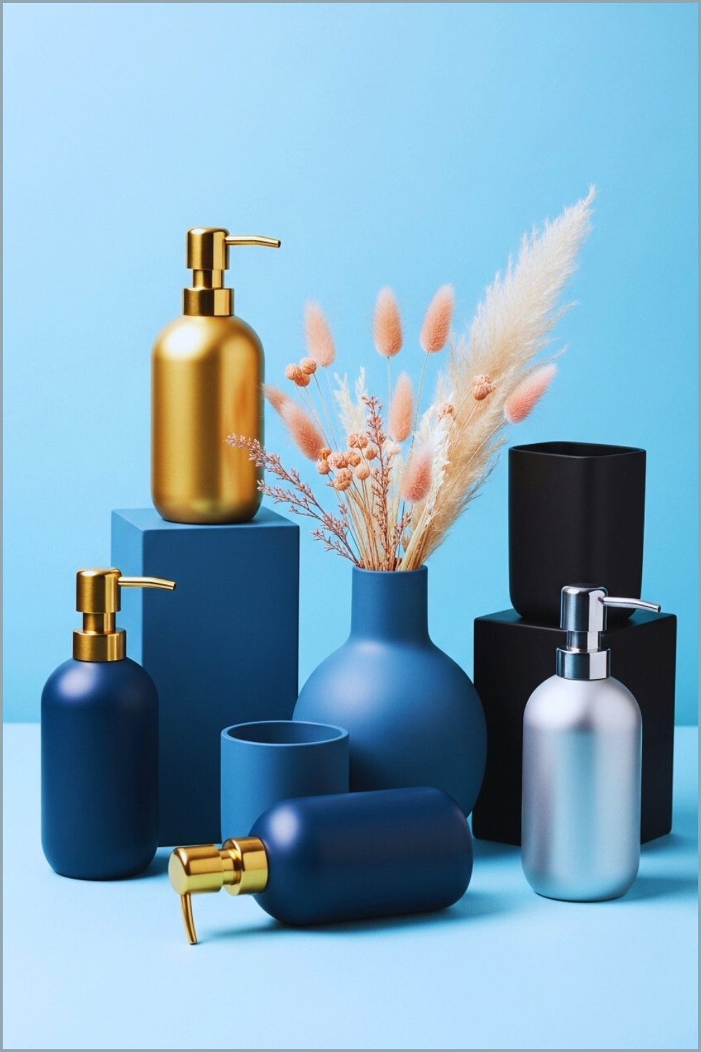 Still Life Of Modern Bathroom Accessories In Matte Blue And Black Finishes