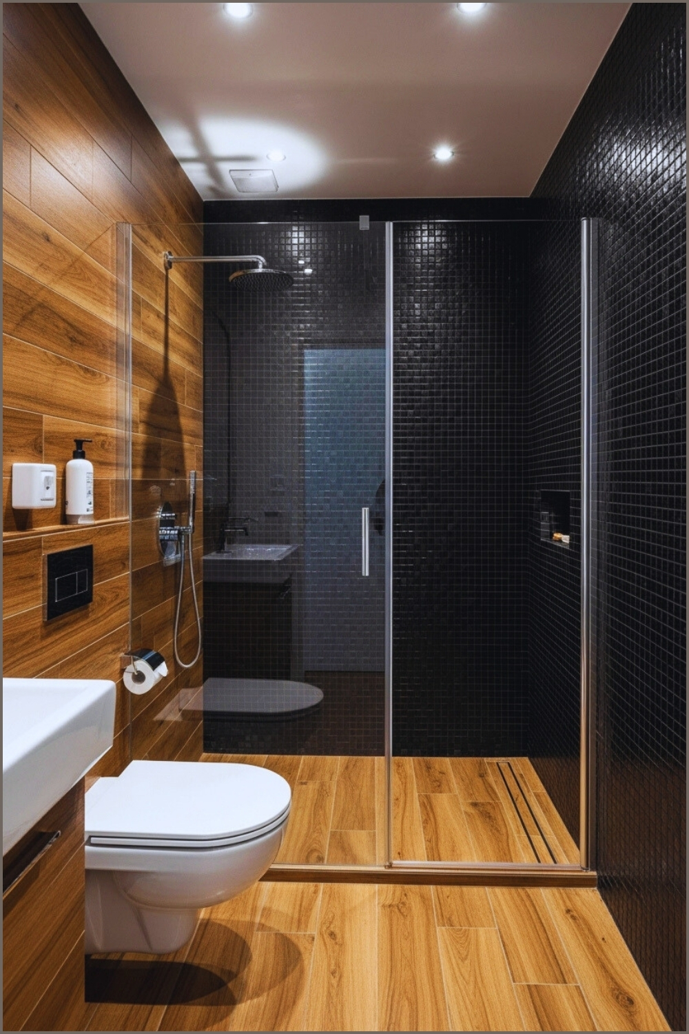 Striking Modern Bathroom Pairs Rich Wood Look