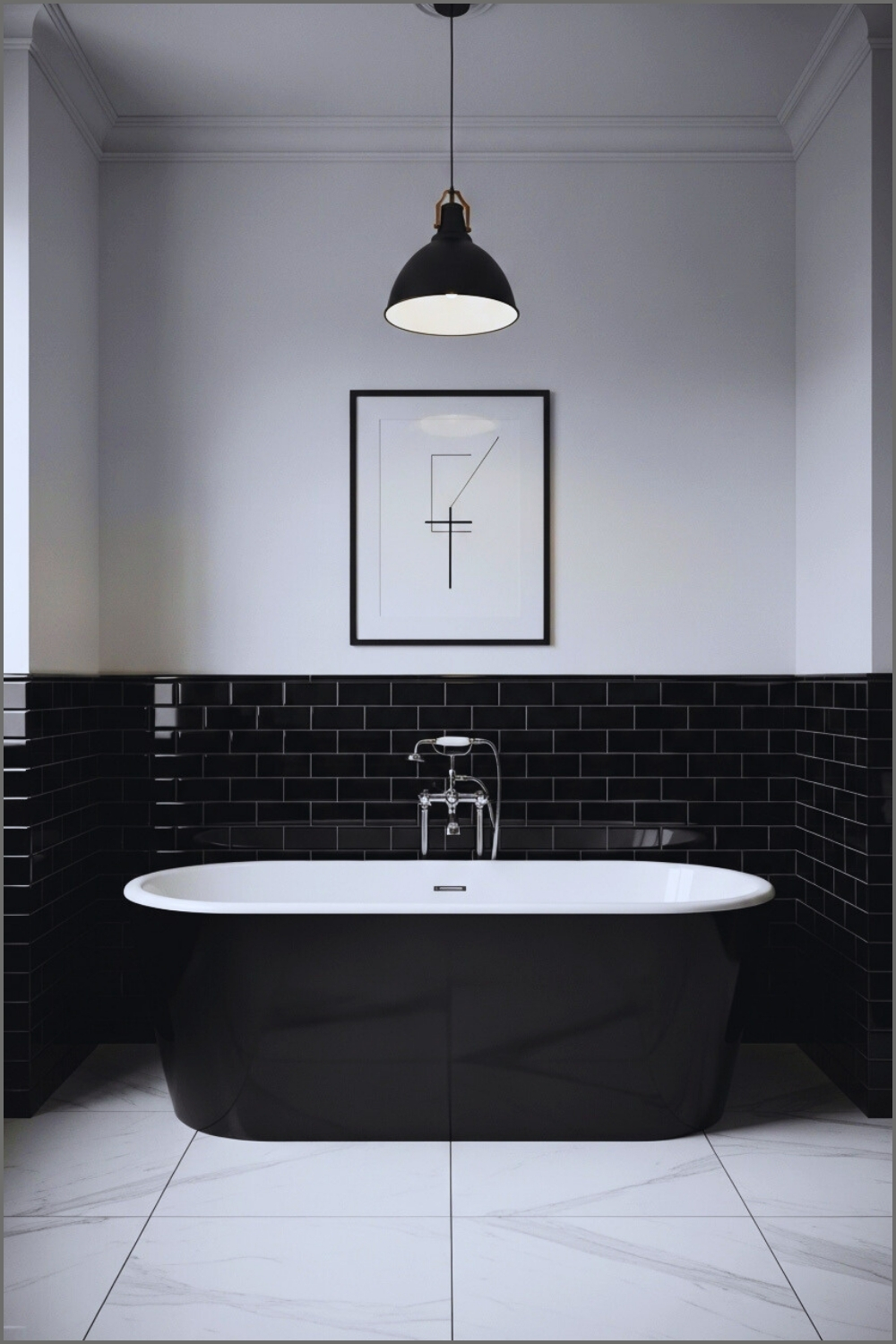 Stylish Bathroom Featuring Black Freestanding Bathtub
