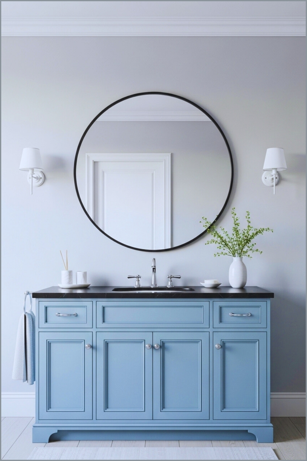 Stylish Bathroom Featuring Sky-blue Traditional Vanity With Black Countertop