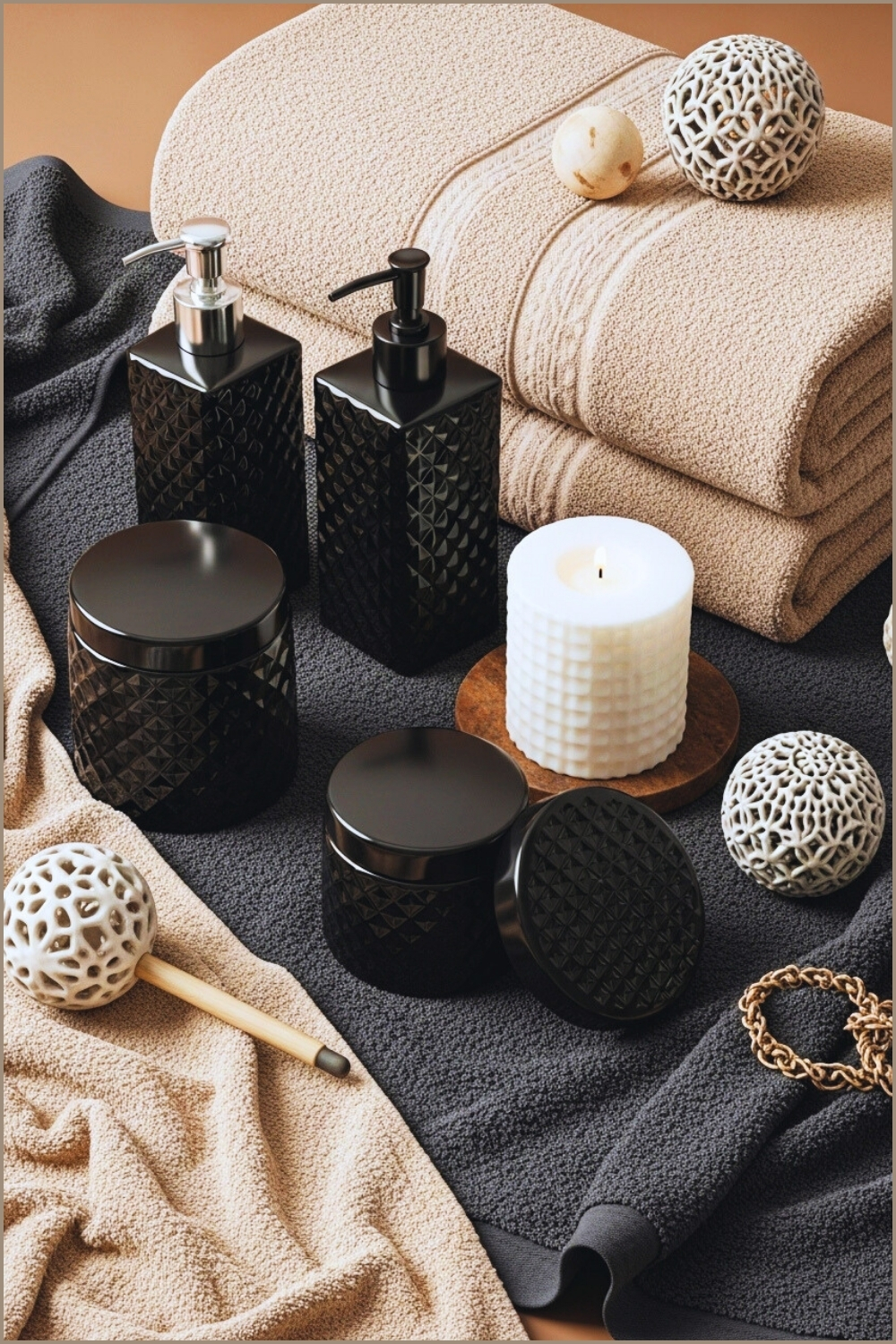 Stylish Bathroom Flat Lay With Neutral Beige And Charcoal Towel Set