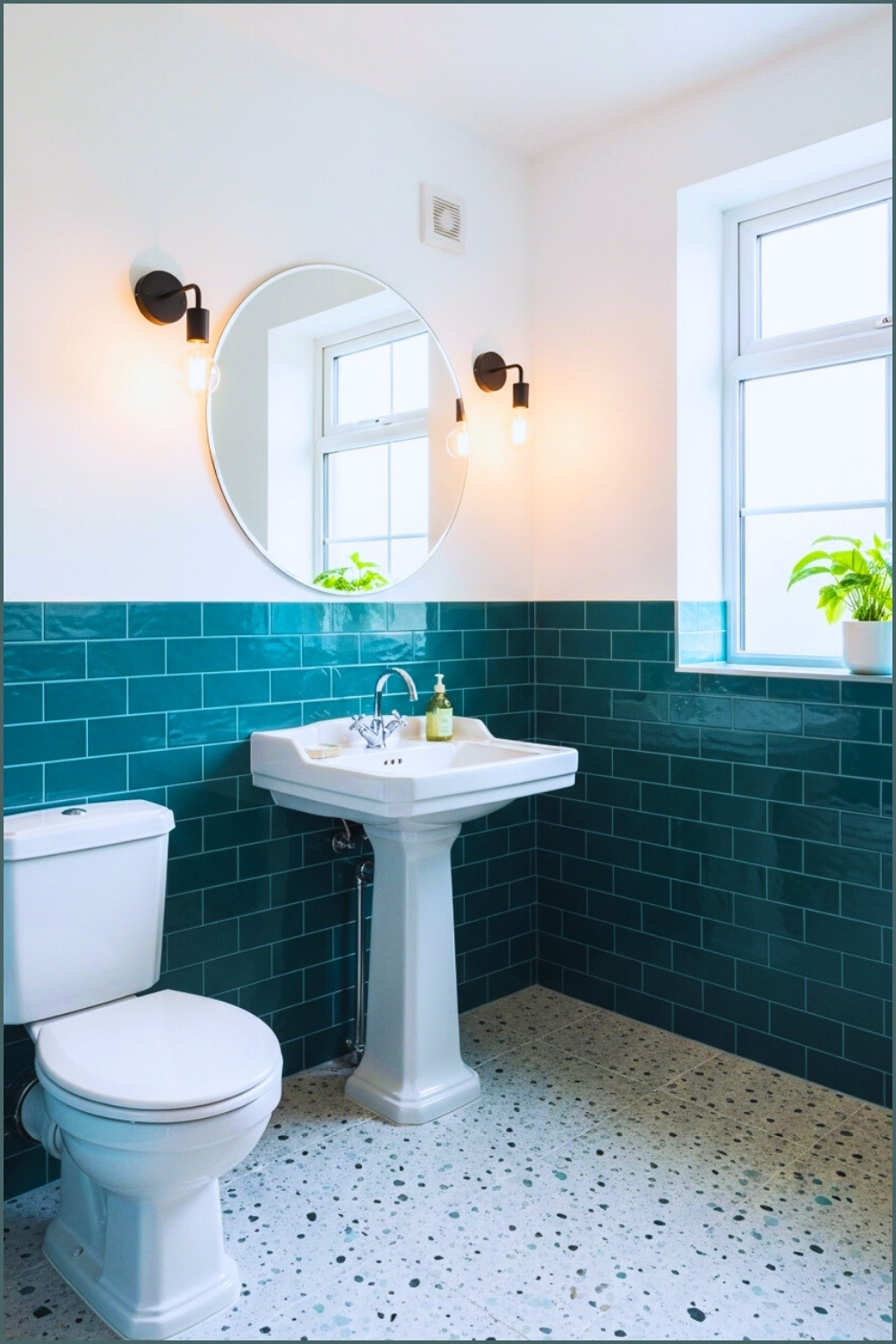 Stylish Bathroom With Teal Subway Tile Wainscoting