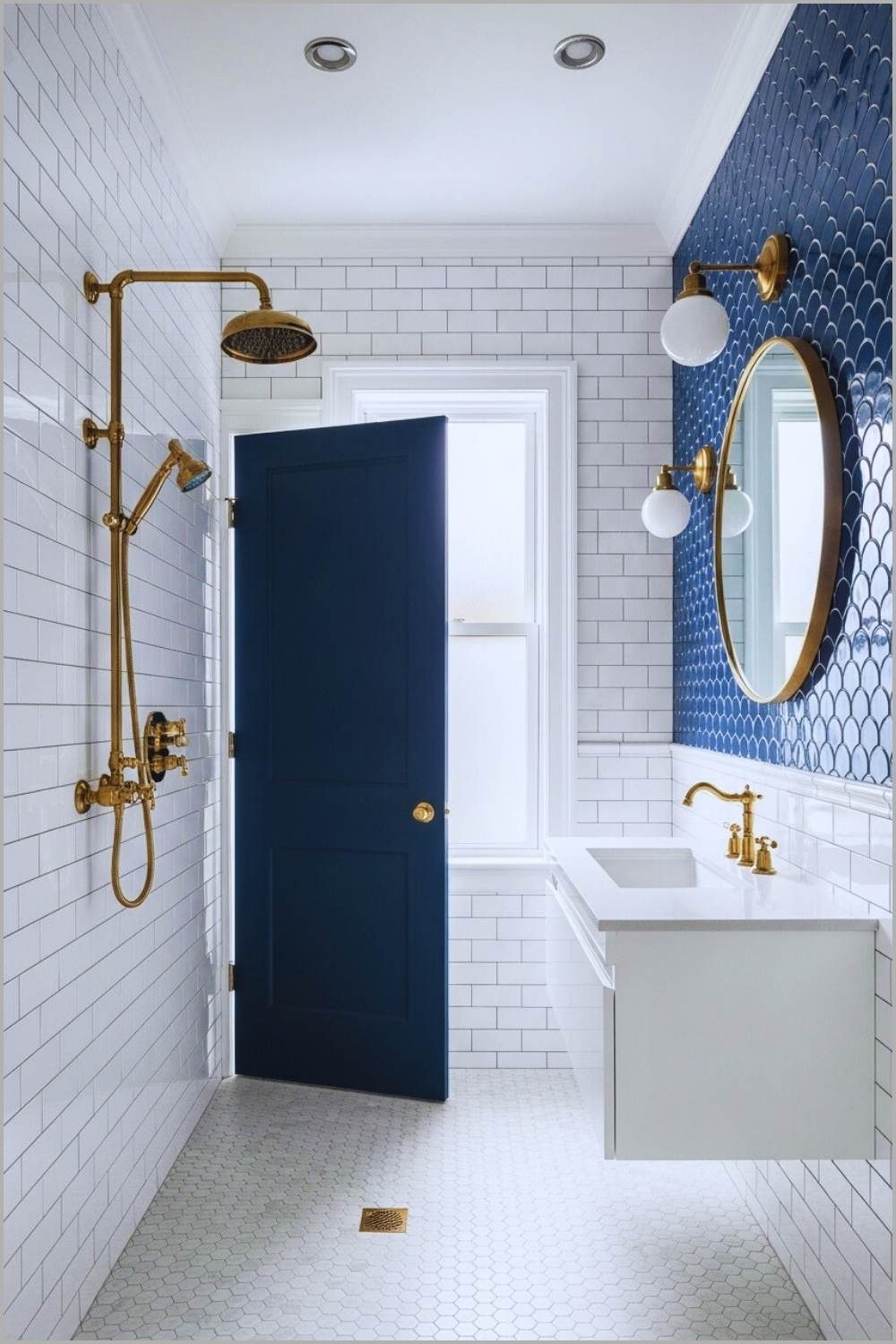 Stylish Bathroom With White Subway Tiles And Midnight Blue