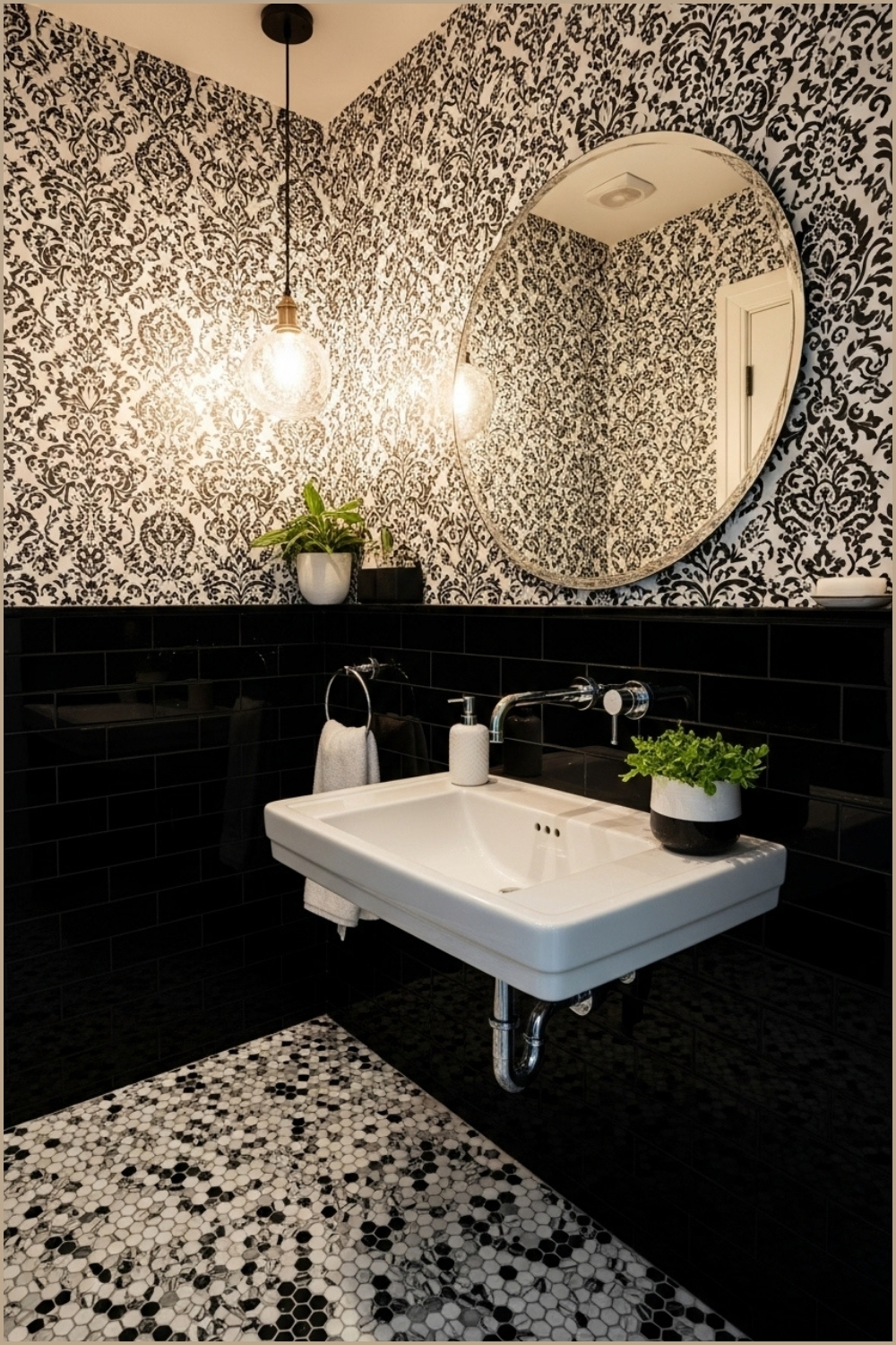 Stylish Black And White Powder Room With Patterned Mosaic Flooring