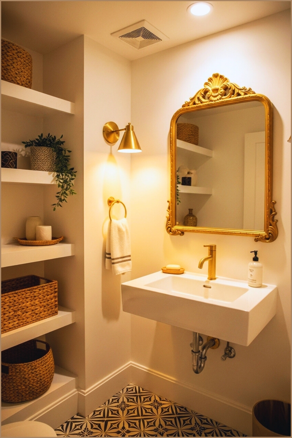 Stylish Boho Powder Room, White Walls, Ornate Gold-framed Mirror