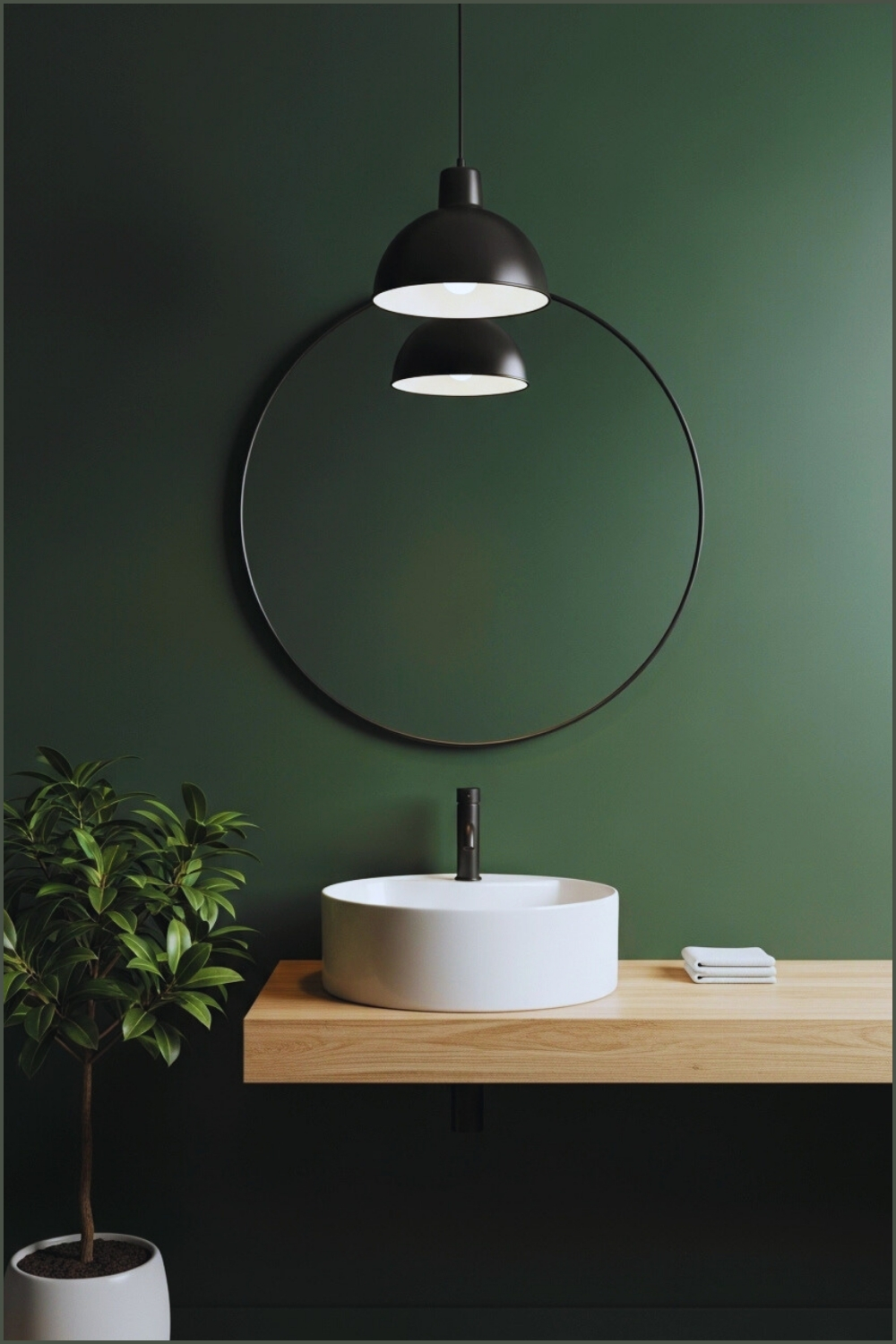 Stylish Modern Bathroom, Dark Green Walls, Matte Black Pendant