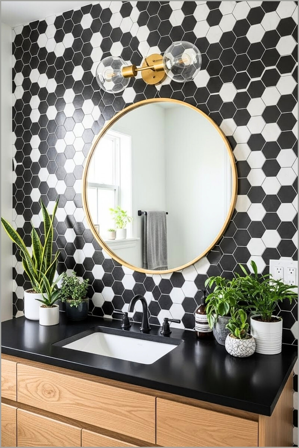 Stylish Modern Bathroom With Mixed Black And White Hexagon