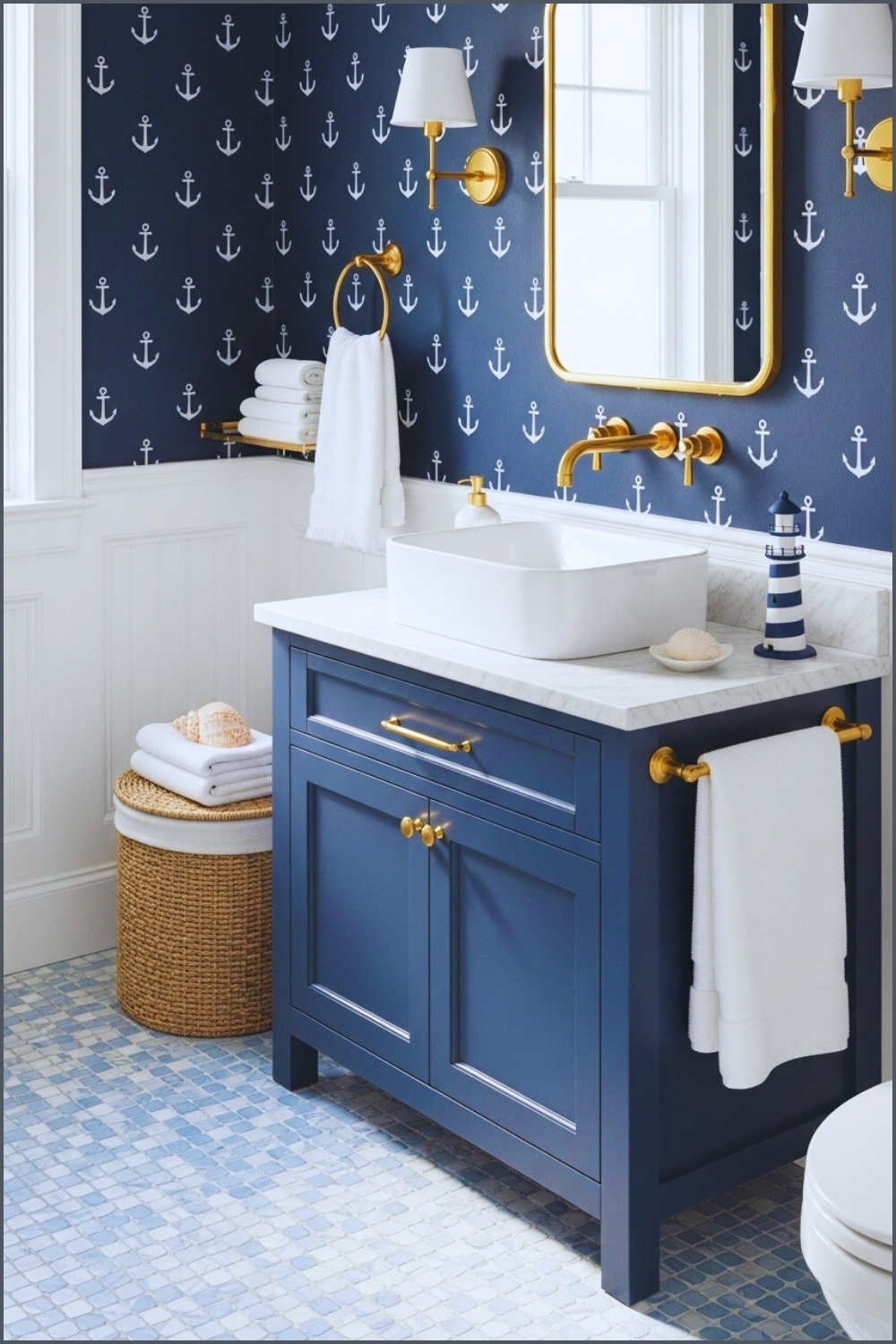 Stylish Nautical Themed Bathroom With Deep Navy Anchor Pattern