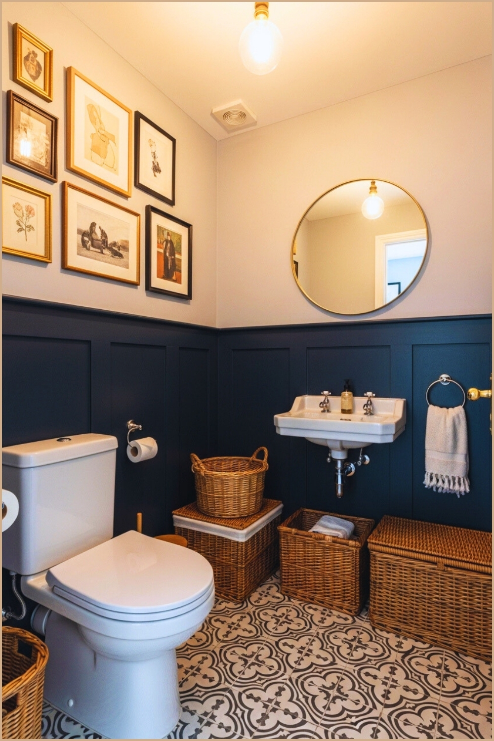 Stylish Small Powder Room With Dark Navy Wall Paneling