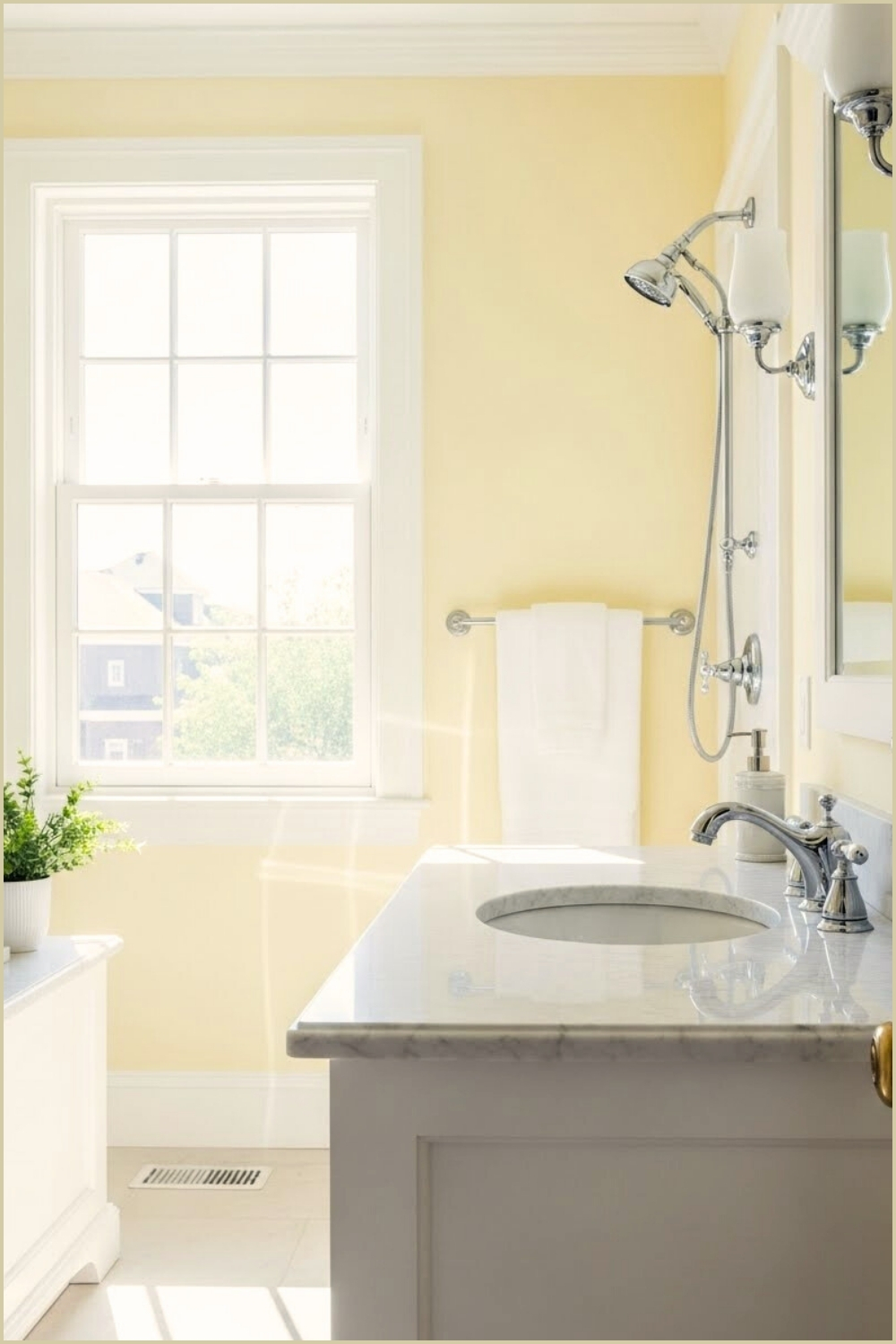 Sunlit Bathroom With Soft Pastel Yellow Walls, White Cabinetry