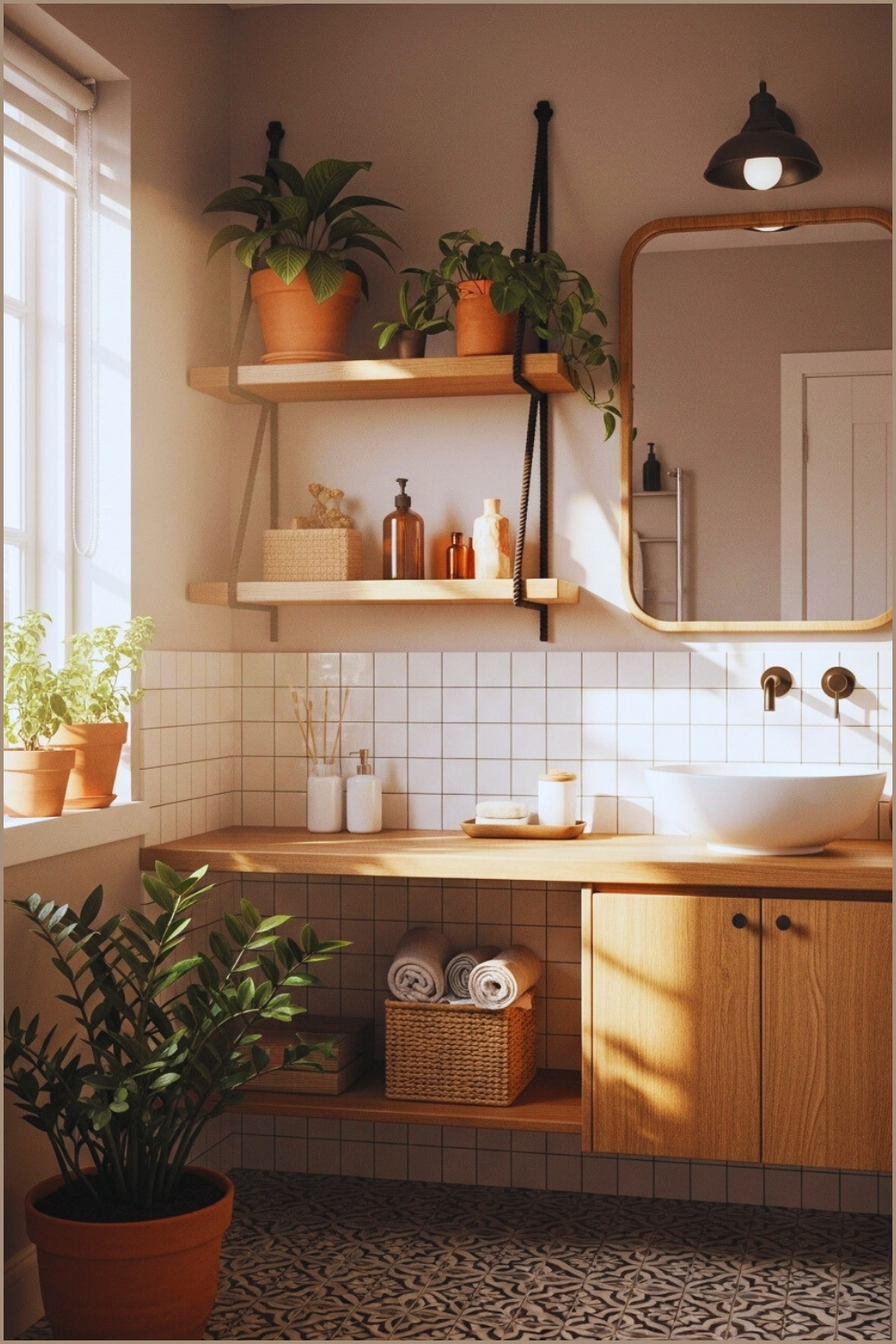Sunlit Boho Bathroom With Terracotta Potted Plants