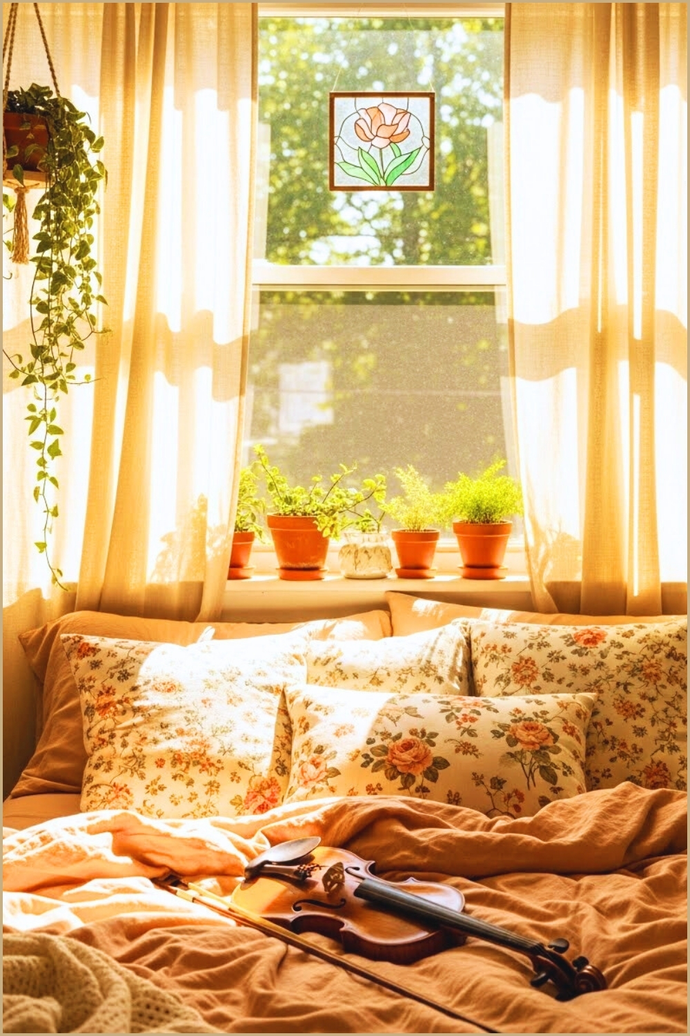 Sunlit Cozy Bedroom, Soft Peach Bedding, Floral Pillows