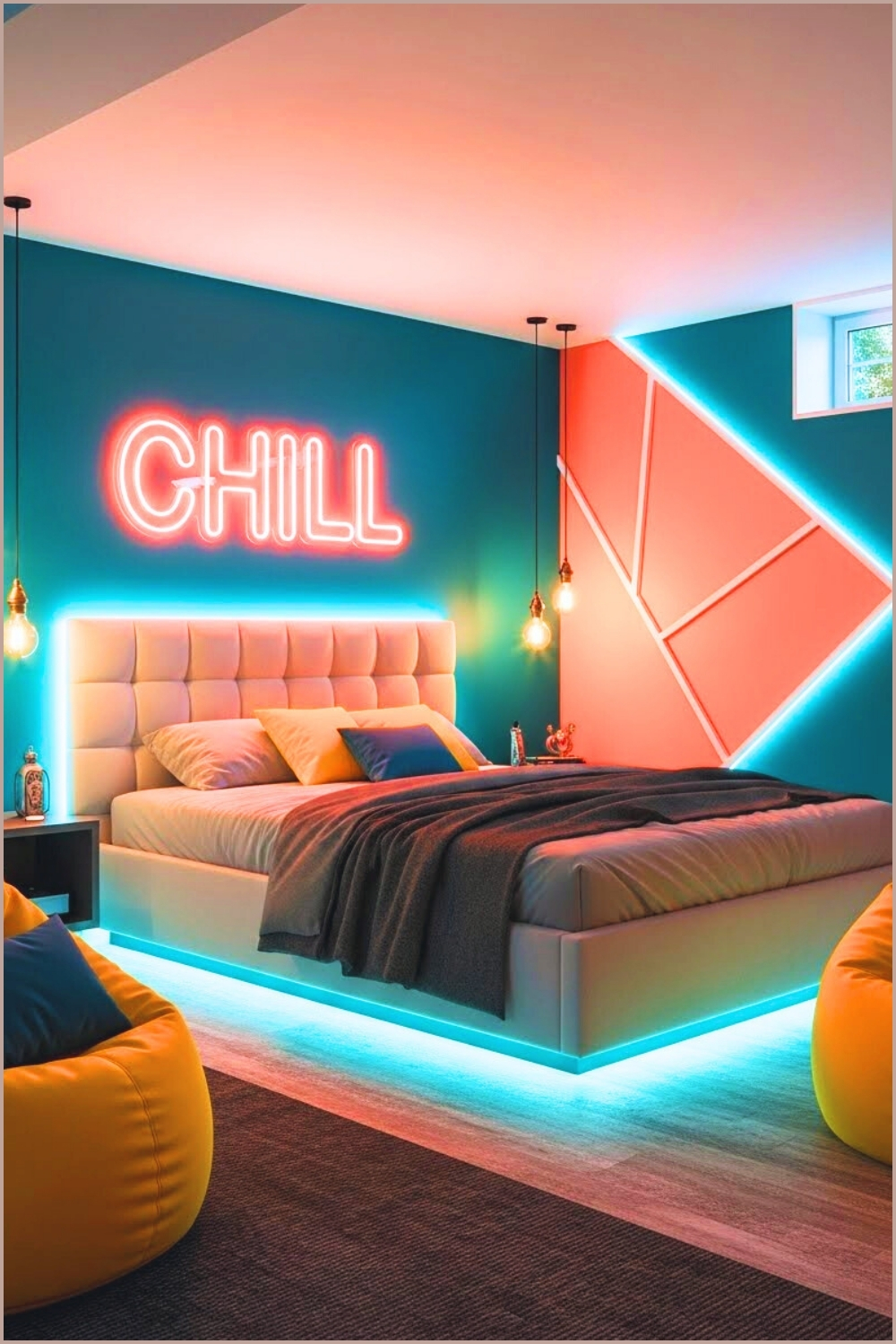 Teenage Basement Bedroom Hangout With Neon