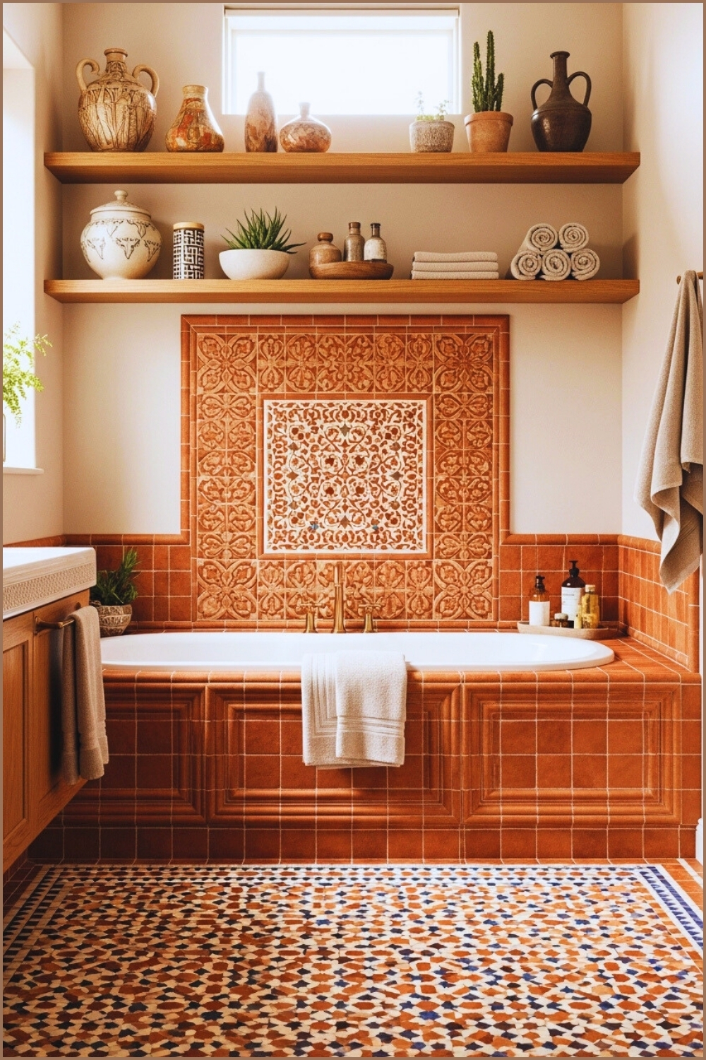 Terracotta Square Tile Feature Wall, Freestanding Tub With Terracotta Exterior