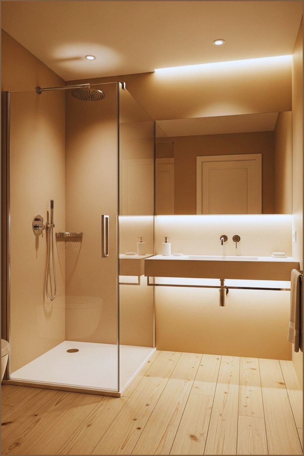 Tight Modern Bathroom, Beige Palette, Glass Shower Enclosure
