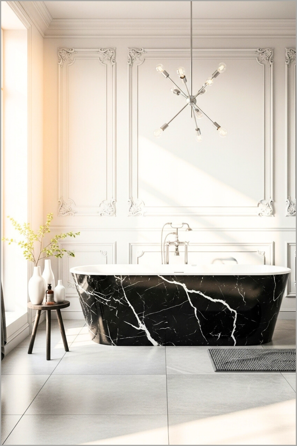 Timeless Luxury Bathroom With Ornate White Wall Moldings