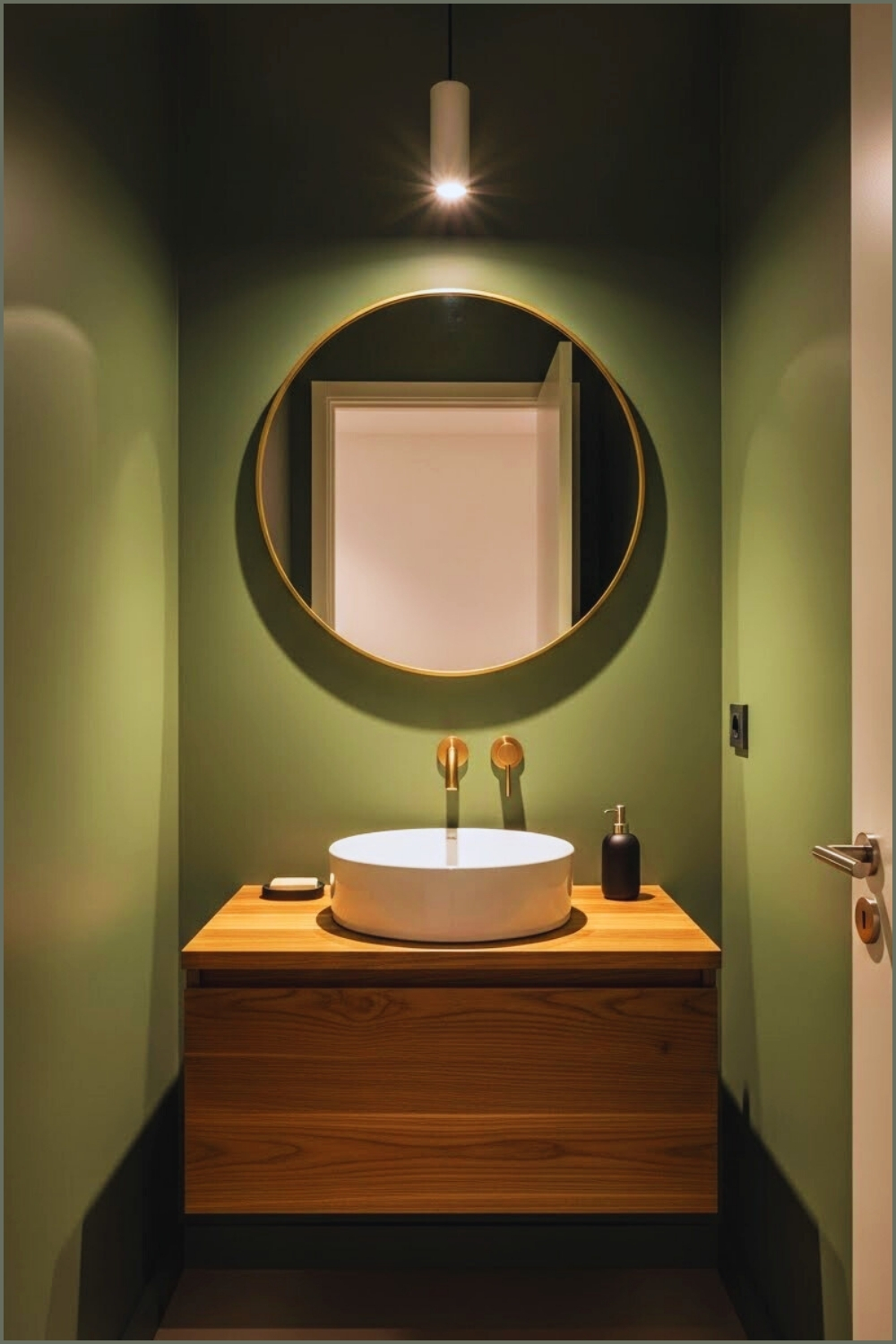 Tiny Minimalist Powder Room With Matte Forest Green Walls