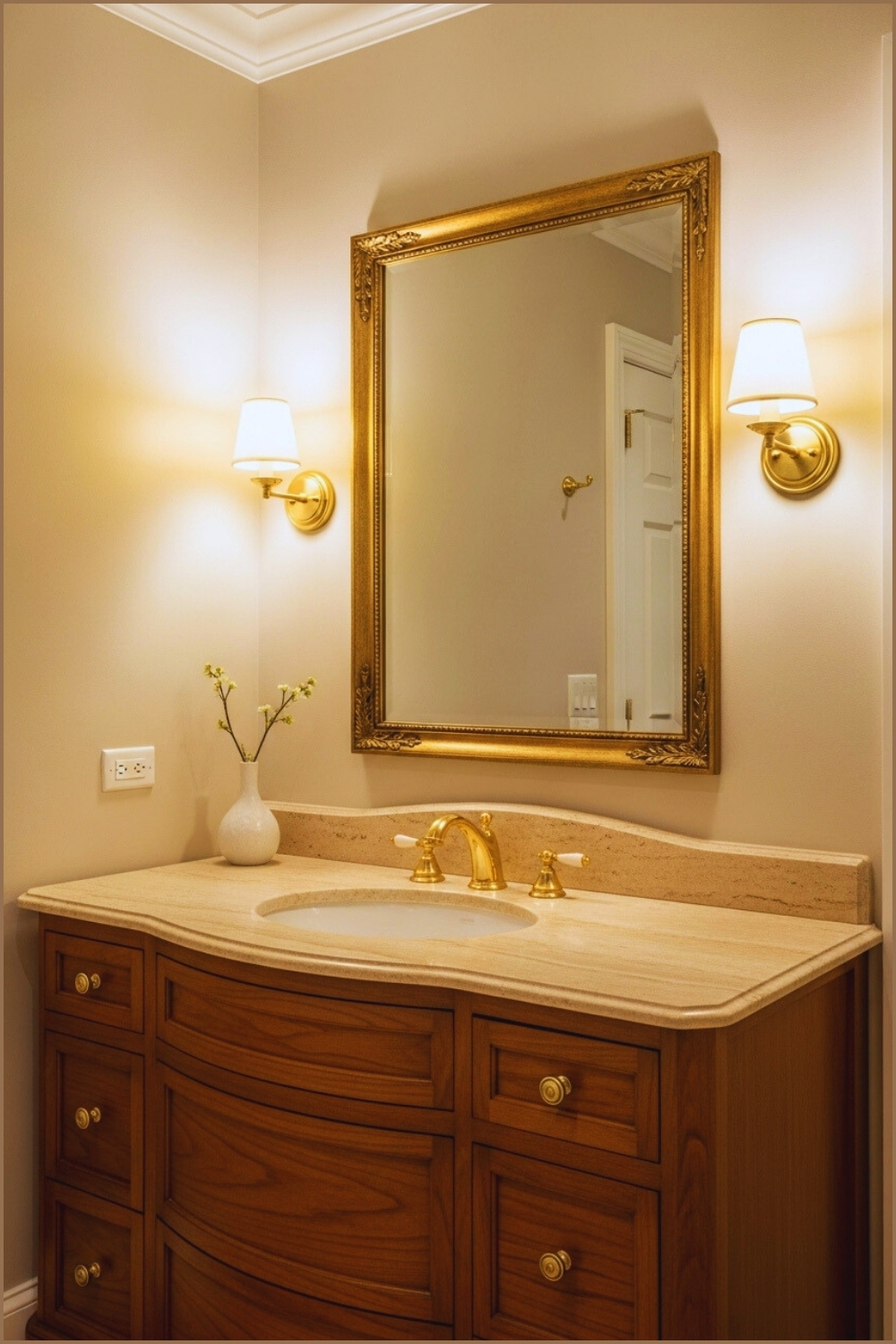 Traditional Bathroom With Wooden Vanity Featuring Curved Drawers