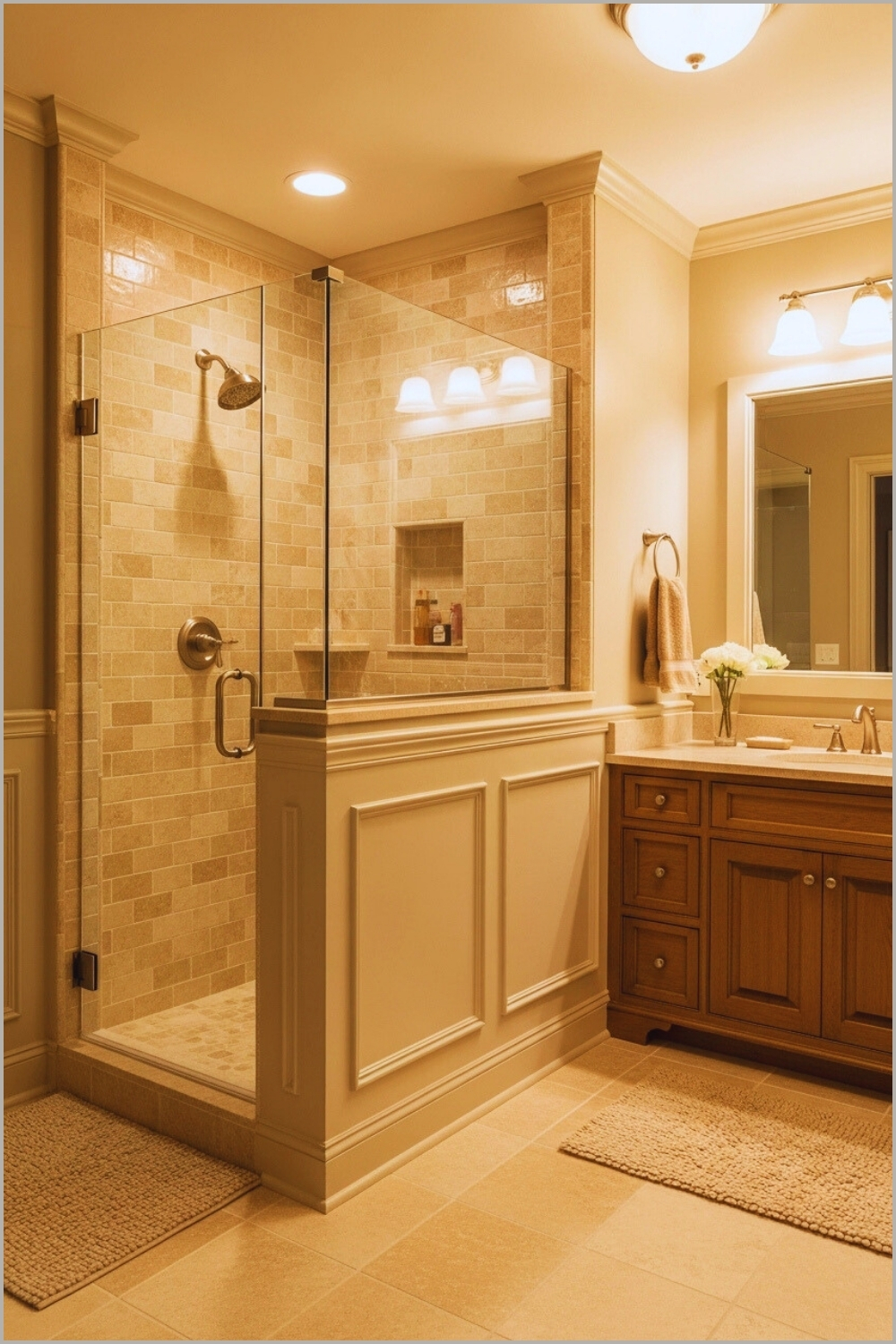 Traditional Beige Bathroom With Half Wall Shower, Glass Enclosure