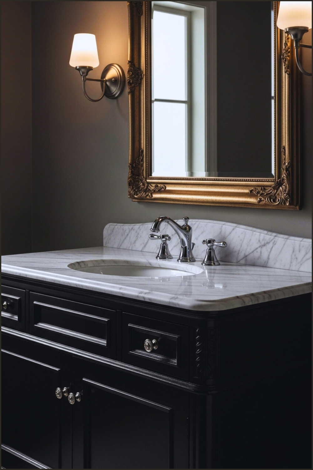 Traditional Luxury Black Vanity, Detailed Carved Drawer Handles
