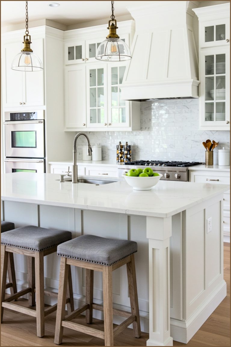 Transitional Farmhouse Kitchen With Glass Front Uppers