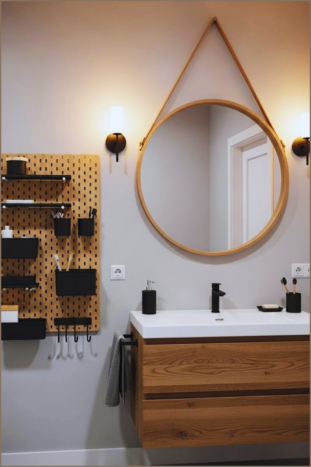 Trendy Modern Bathroom Featuring A Natural Wood Pegboard