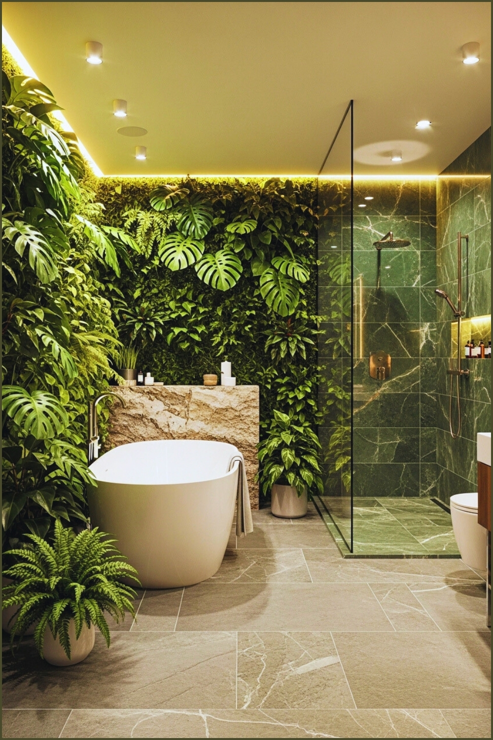Tropical Jungle Bathroom, Full Living Green Wall, Lush Monstera And Fern