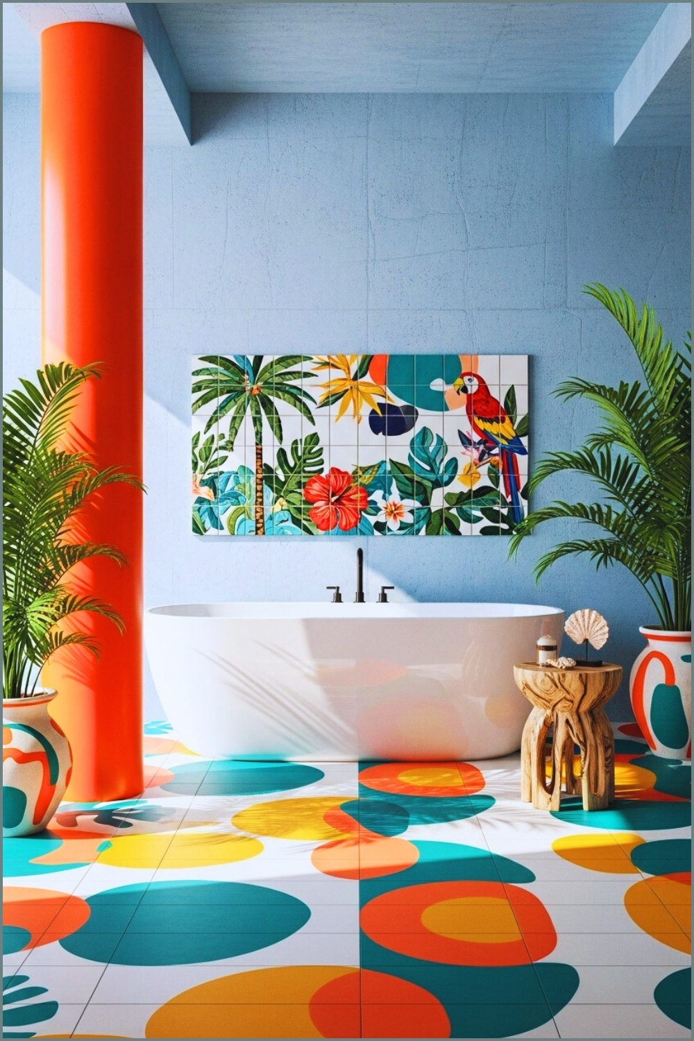 Tropical Modern Bathroom With Bold Patterned Floor Tiles