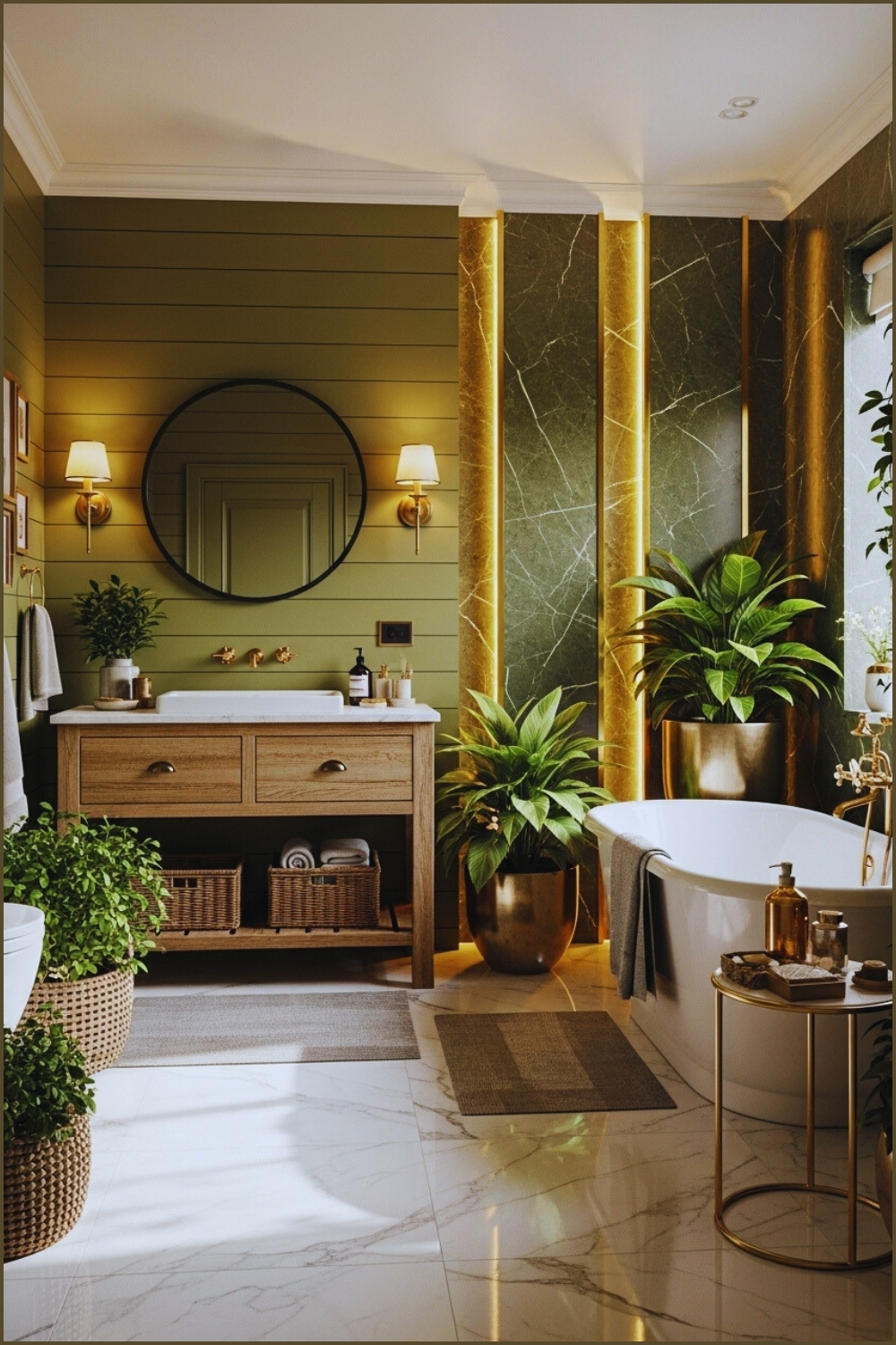 Ultra Luxurious Spa Bathroom With Deep Olive Green Marble Walls