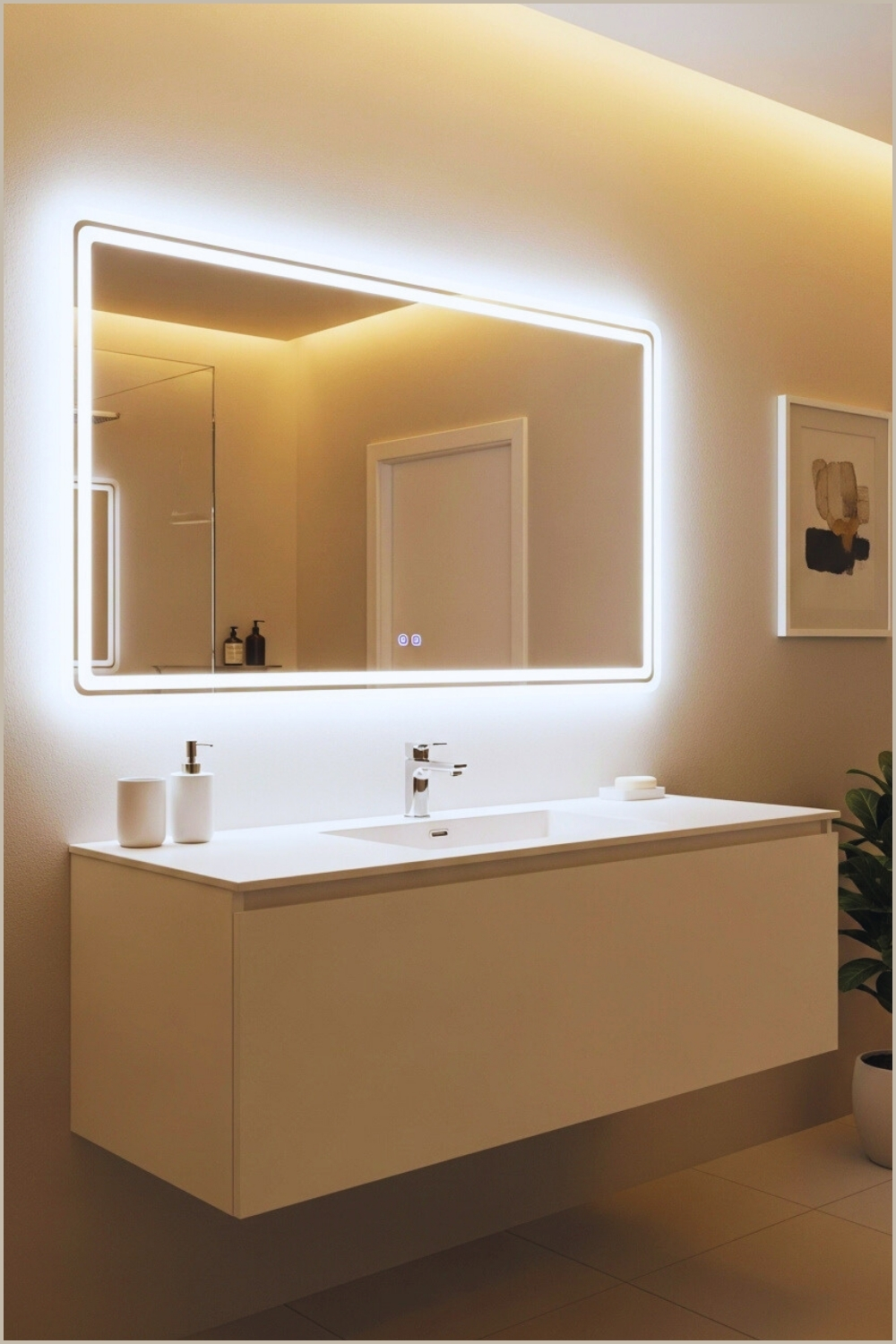 Ultra Modern Bathroom With Led Backlit Mirror White Matte Vanity