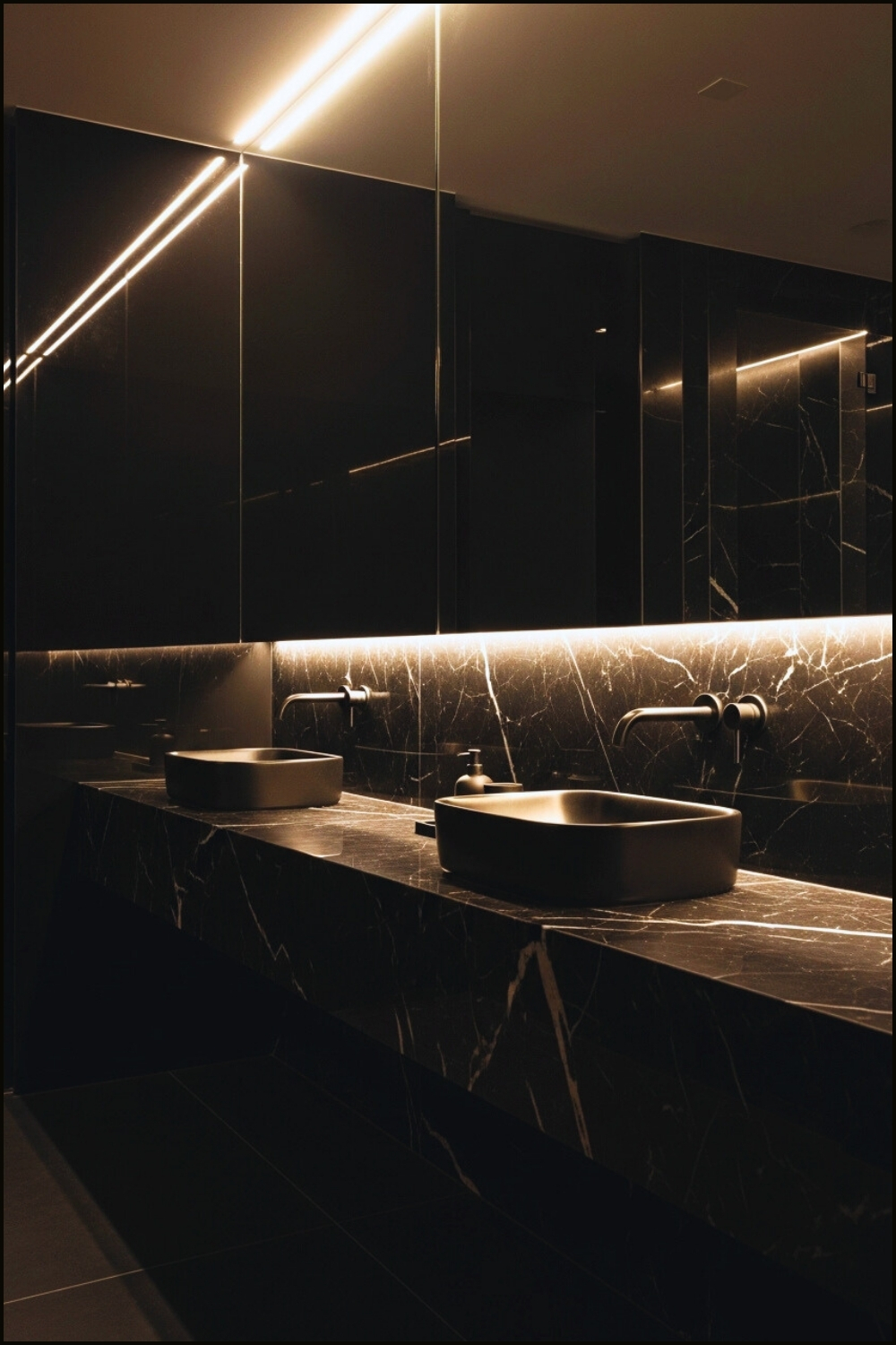 Ultra Modern Black Marble Vanity Bathroom, Matte Black Vessel Sinks