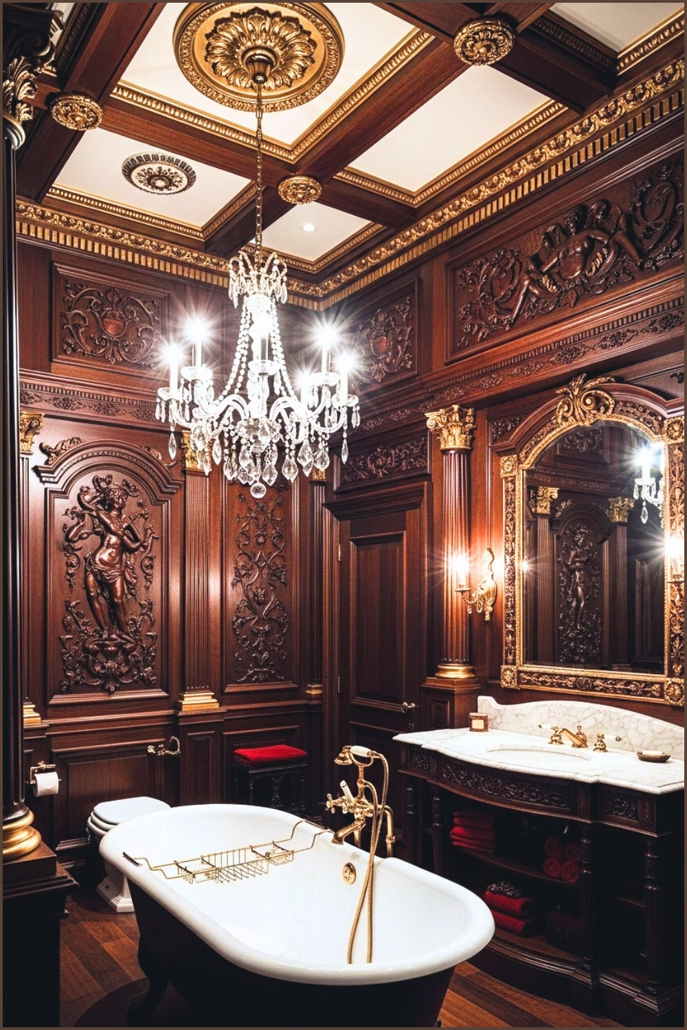 Ultra-luxurious Gothic Bathroom Interior With Dark Carved Wood