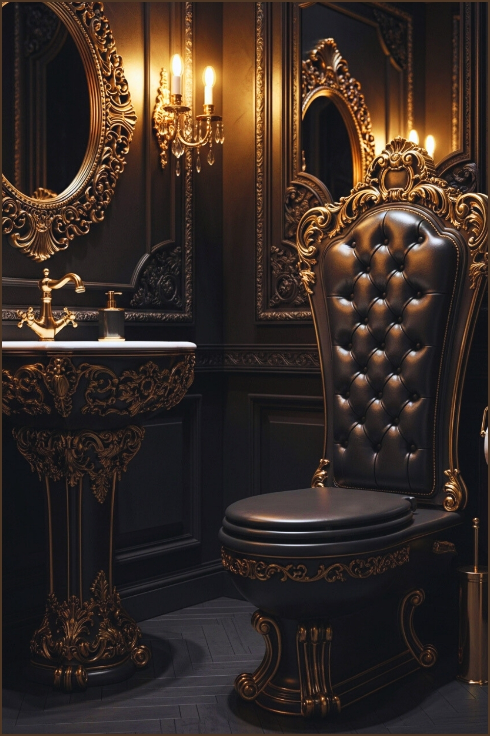 Ultra-luxurious Gothic Black Bathroom With Ornate Carved Wall