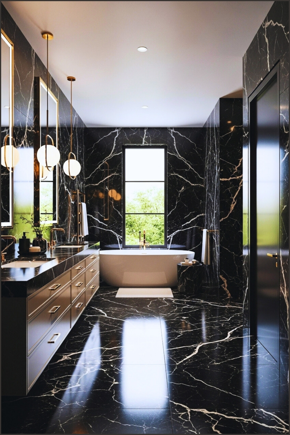 Ultra-luxury Bathroom With Glossy Black Marble Surfaces Featuring