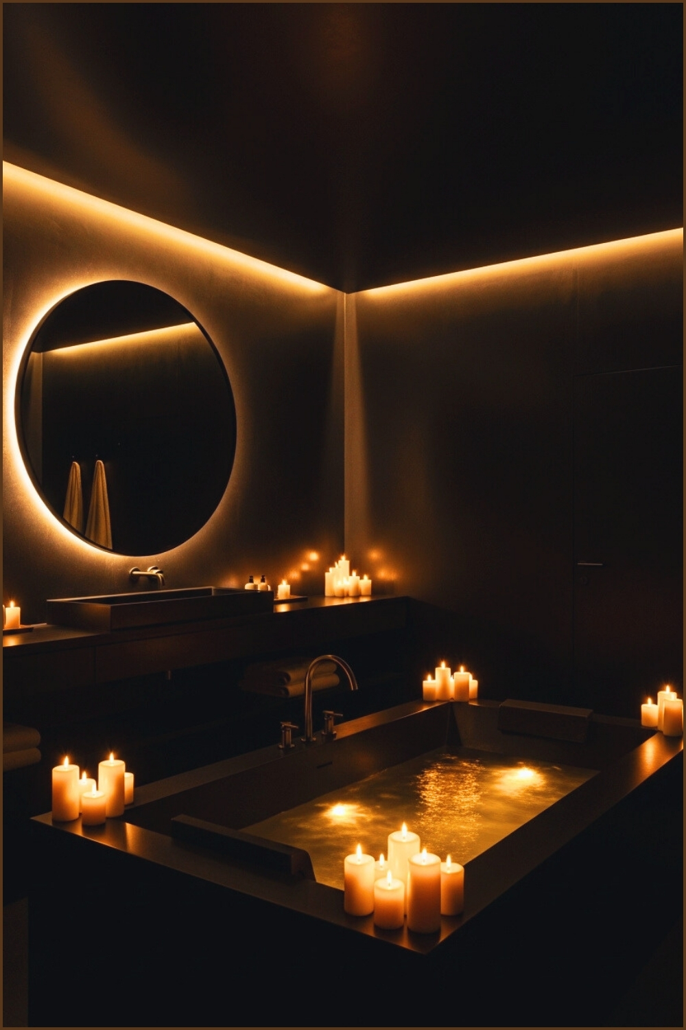 Ultra-luxury Black Spa Bathroom, Matte Black Walls, Round Black Mirror