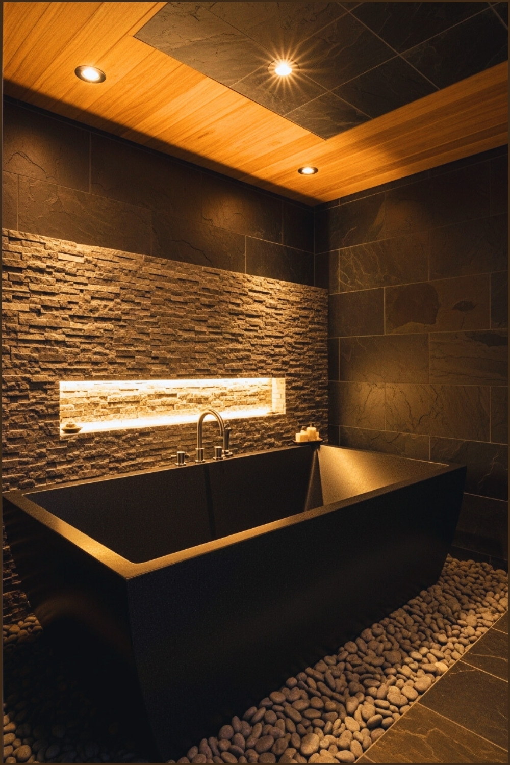 Ultra-luxury Dark Spa Bathroom, Deep Matte-black Stone Soaking