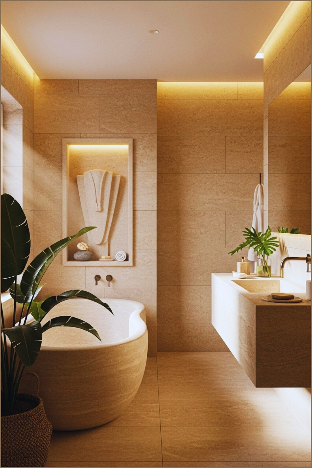 Ultra-luxury Spa Bathroom With A Carved Stone Soaking Tub