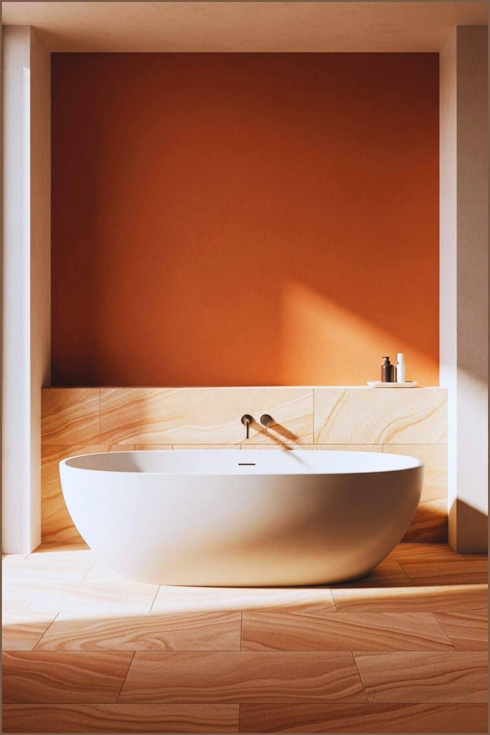 Ultra-minimal Spa Bathroom, Smooth Terracotta Accent Wall