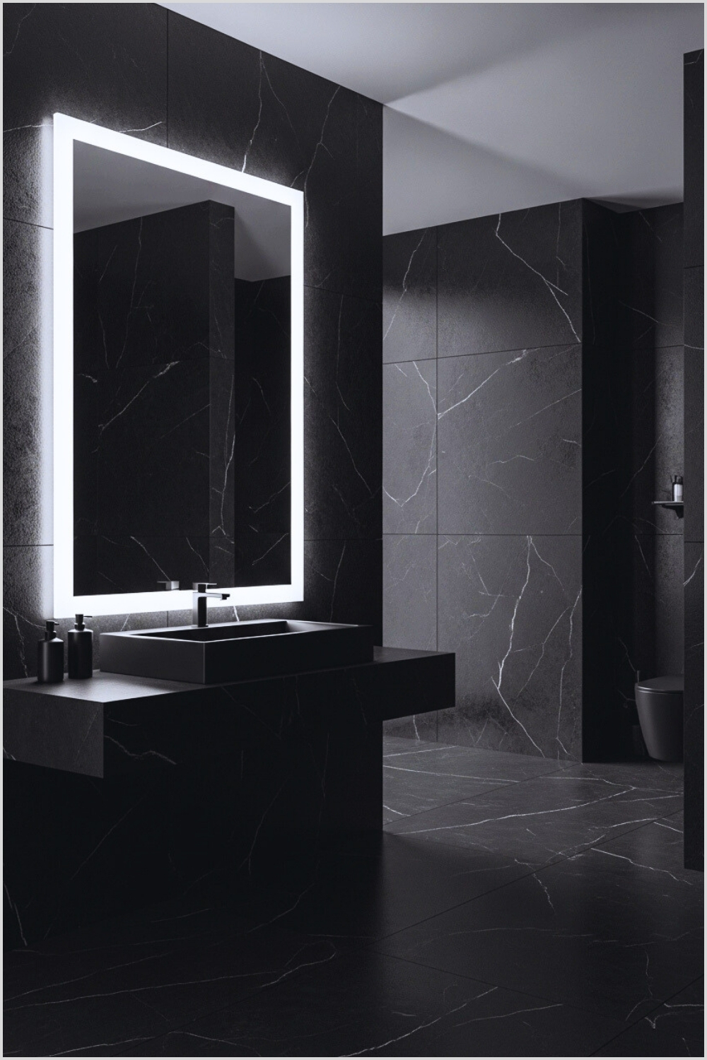 Ultra-modern Black Stone Bathroom With Glowing Inset Mirror